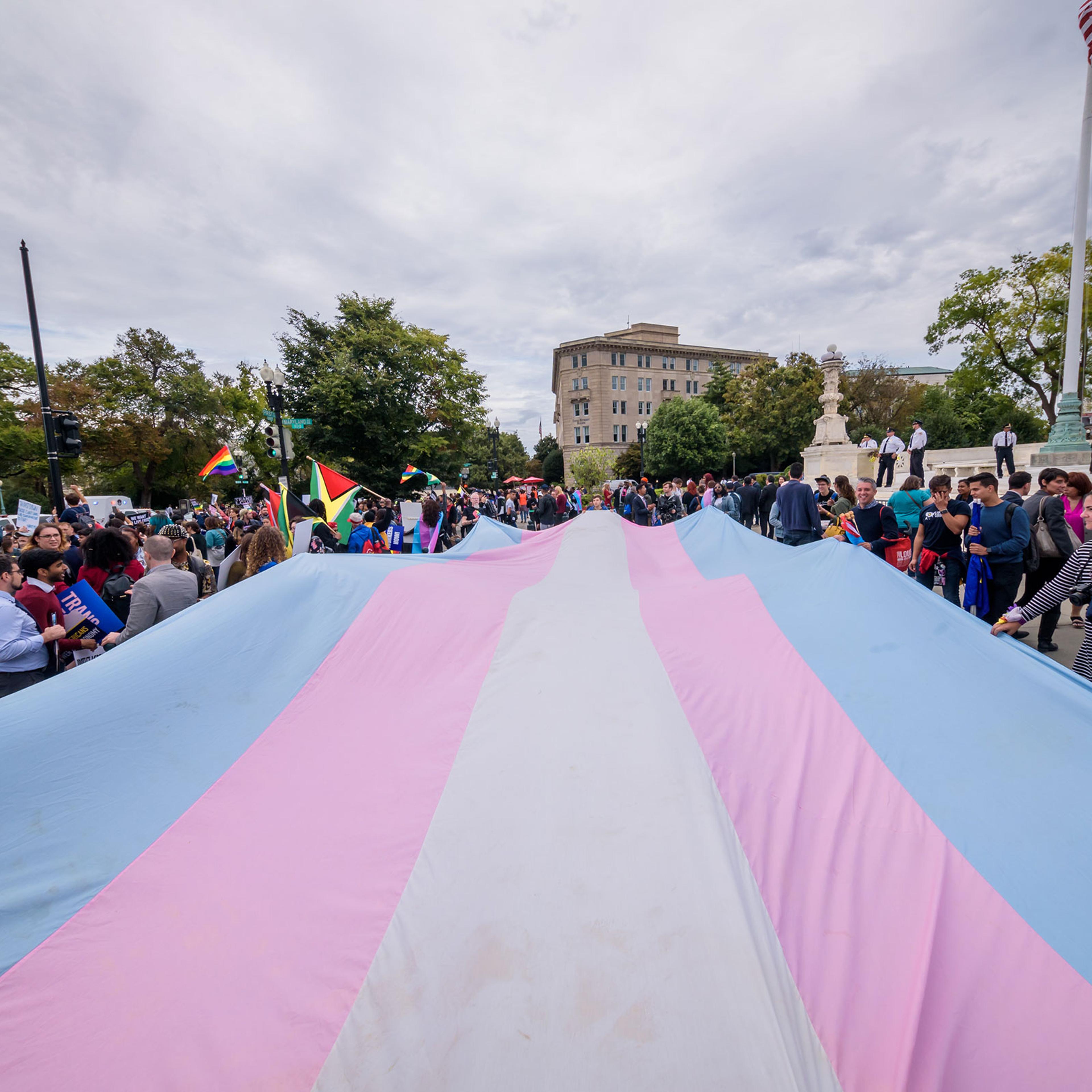 A large Trans Pride Flag unfurled outside the Supreme Court on Oct. 8, 2019.