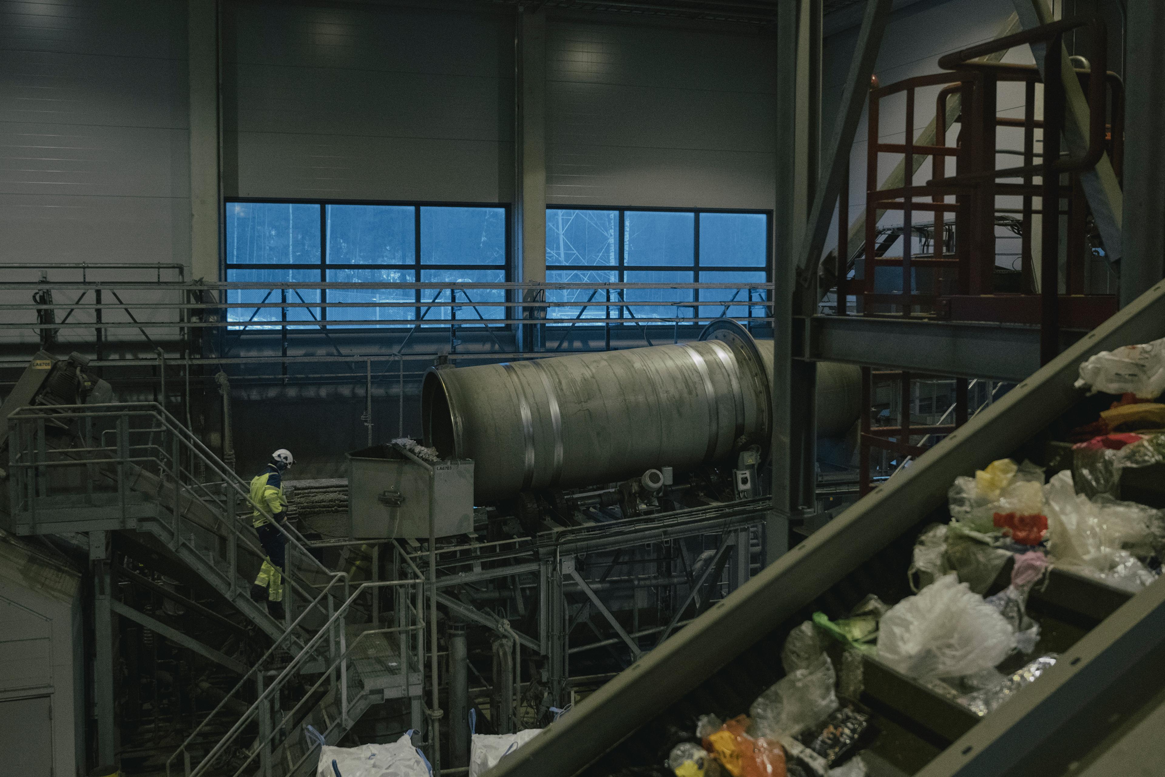 A scene at Fortum Waste Solutions Oy's circular economy facility in Häme, Finland on Dec. 14. In the facility, waste material collected from regular households is converted to clean plastic through Fortum’s Eco Refinery—an automated sorting plant