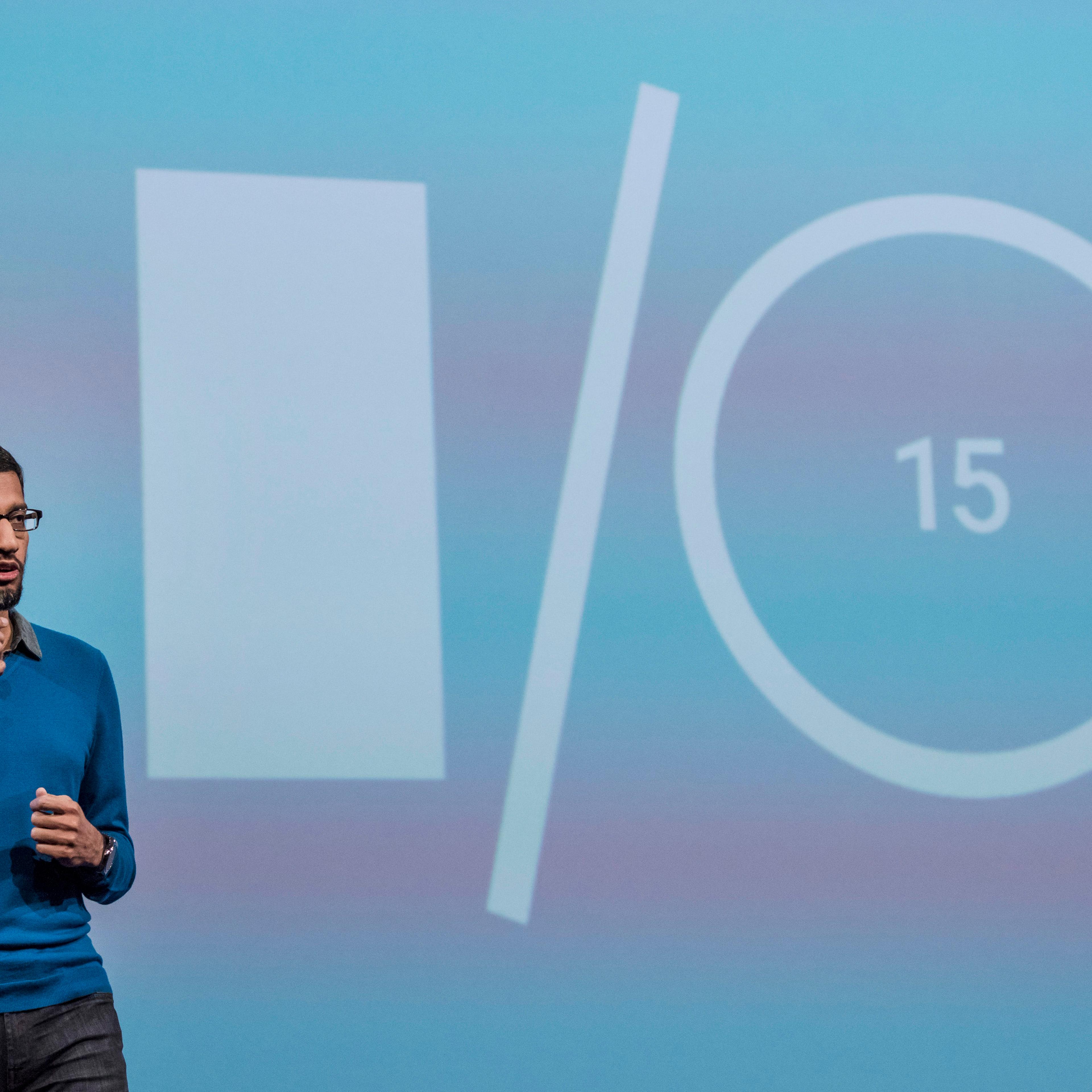 Sundar Pichai, senior vice-president of Products for Google Inc., speaks during the Google I/O Annual Developers Conference in San Francisco, California, U.S., on Thursday, May 28, 2014. Google Inc. executives are taking the stage this week to talk about