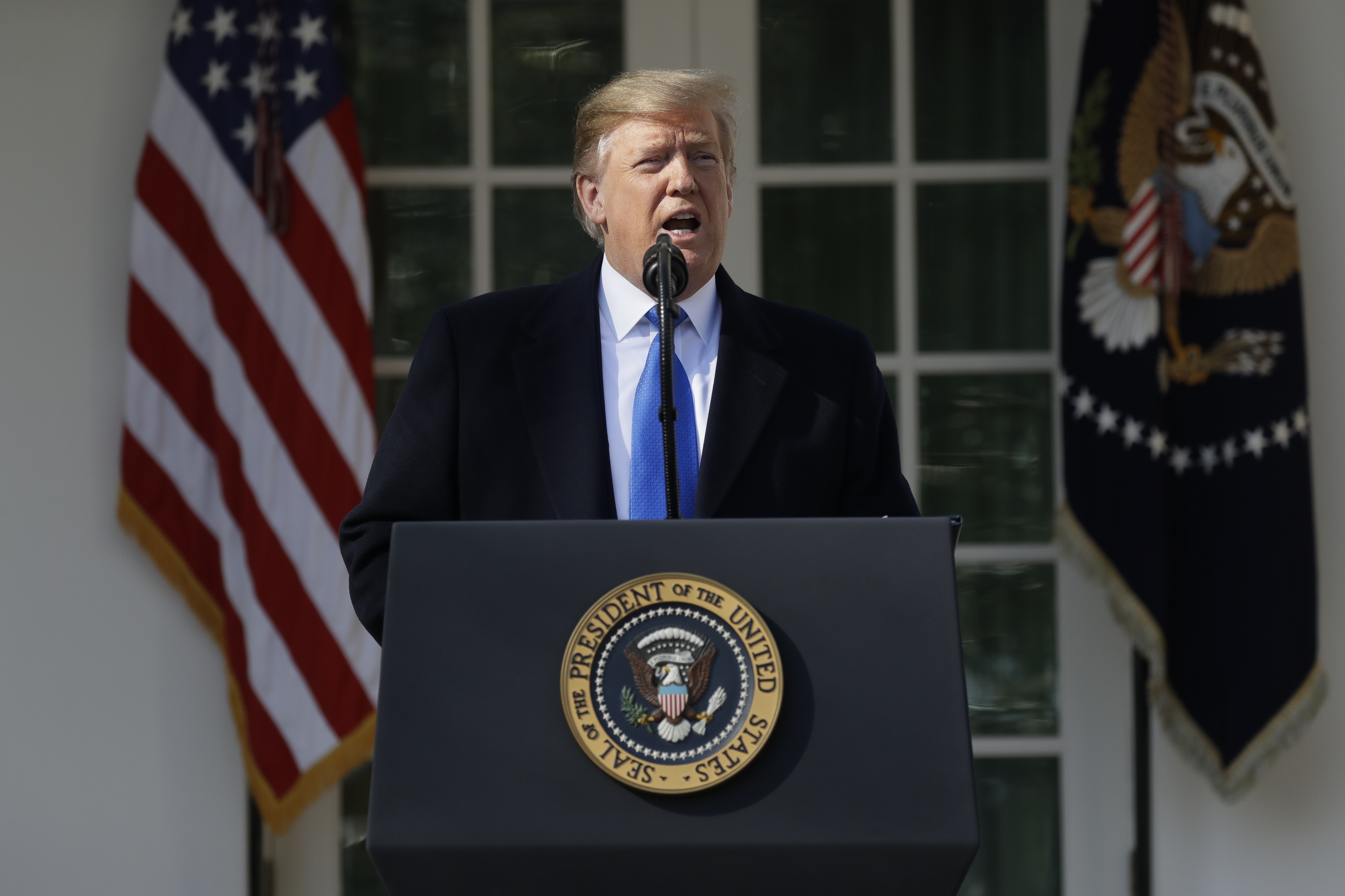President Donald Trump speaks during an event in the Rose Garden at the White House to declare a national emergency