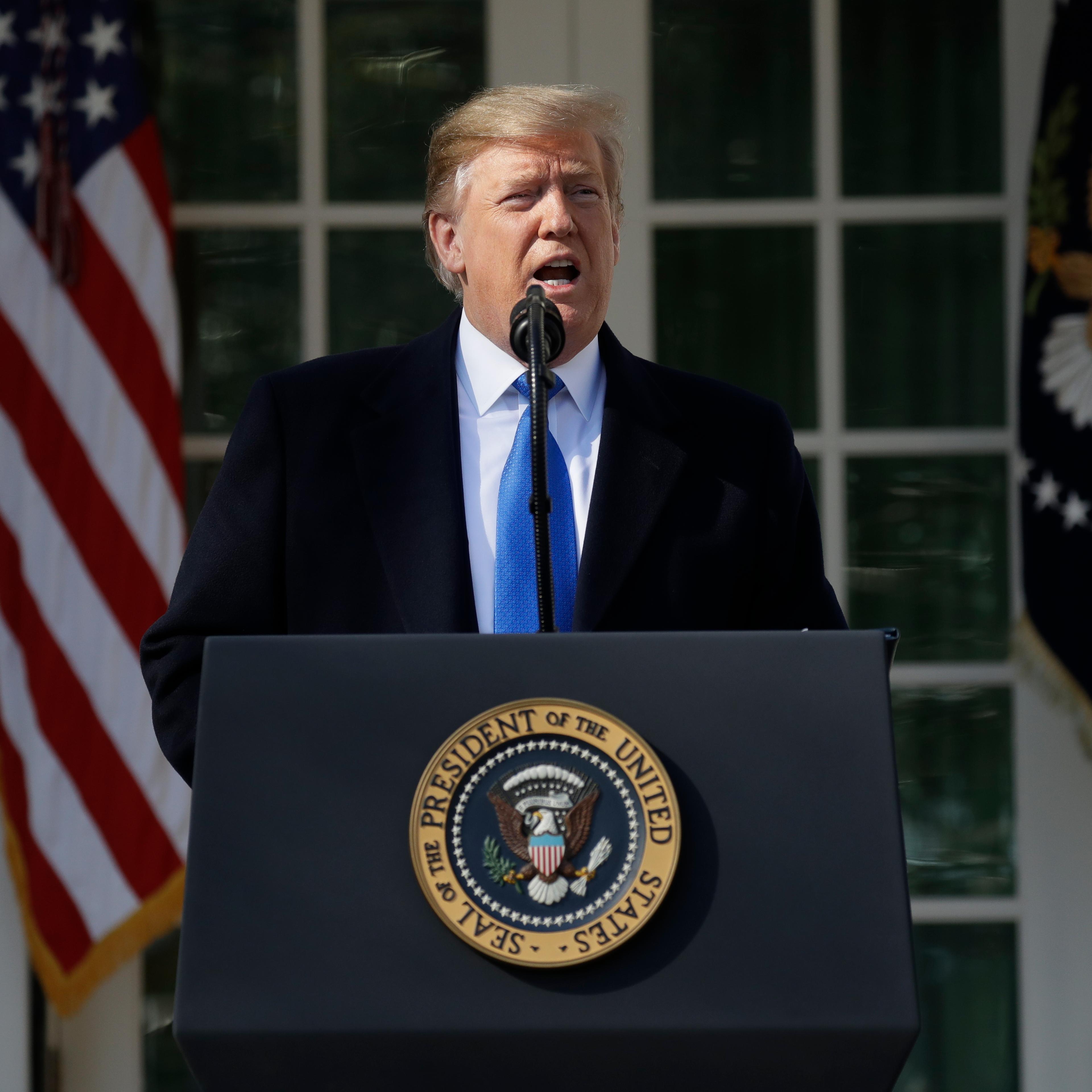 President Donald Trump speaks during an event in the Rose Garden at the White House to declare a national emergency