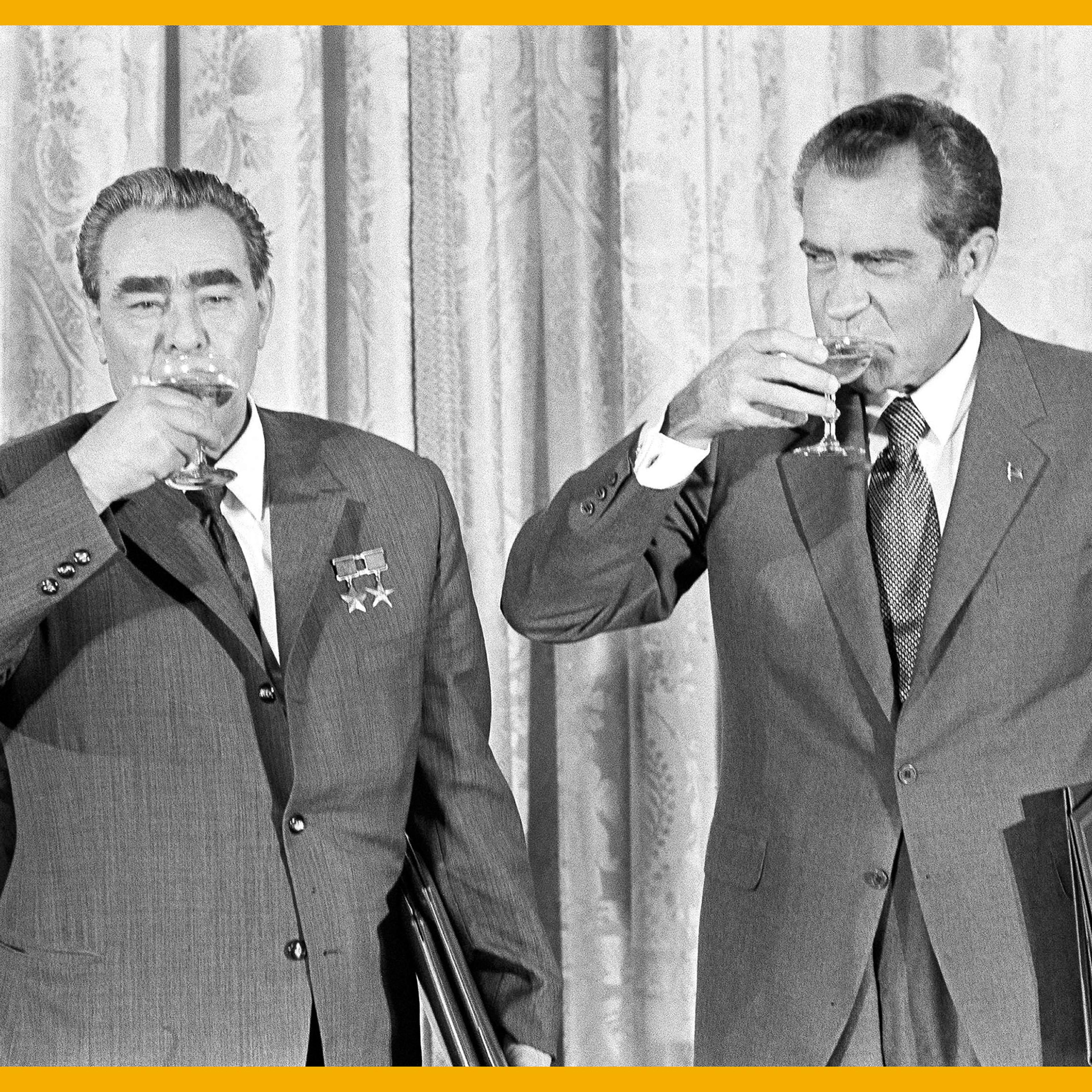 Richard Nixon drinking champagne with Soviet Leader Leonid Brezhnev on June 21, 1973