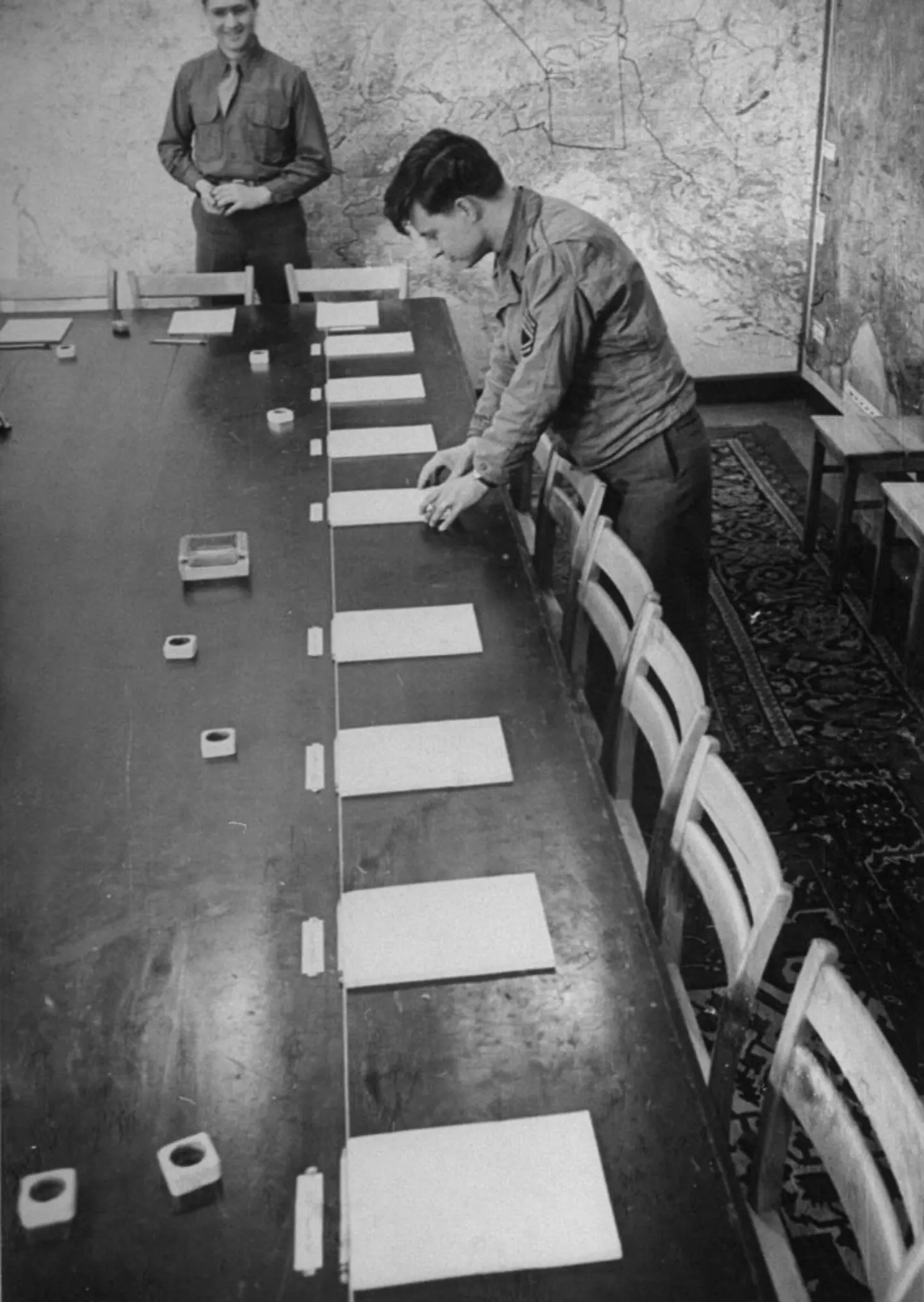 Caption from LIFE. "Only ash trays, in two sizes, are out of line." Reims, May, 1945.