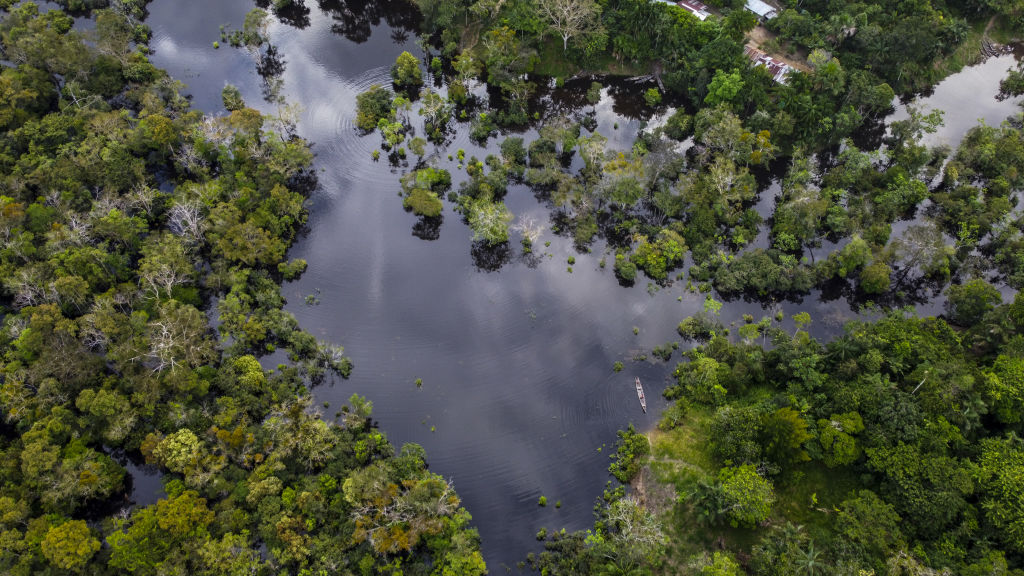 An aerial view of Amazon River at the Amazon rainforest, in Leticia, Colombia on April 1, 2023.