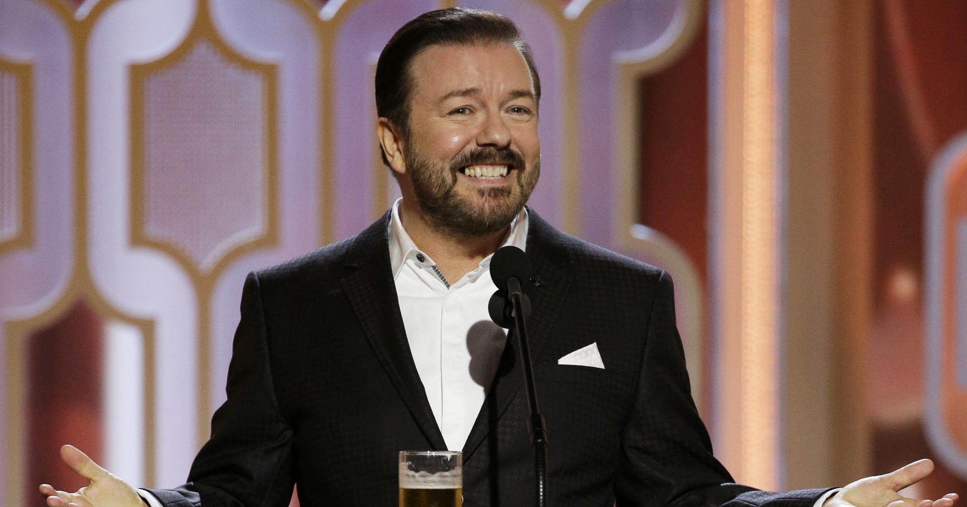 Ricky Gervais speaks onstage during the 73rd Annual Golden Globe Awards at The Beverly Hilton Hotel on Jan. 10, 2016 in Beverly Hills.