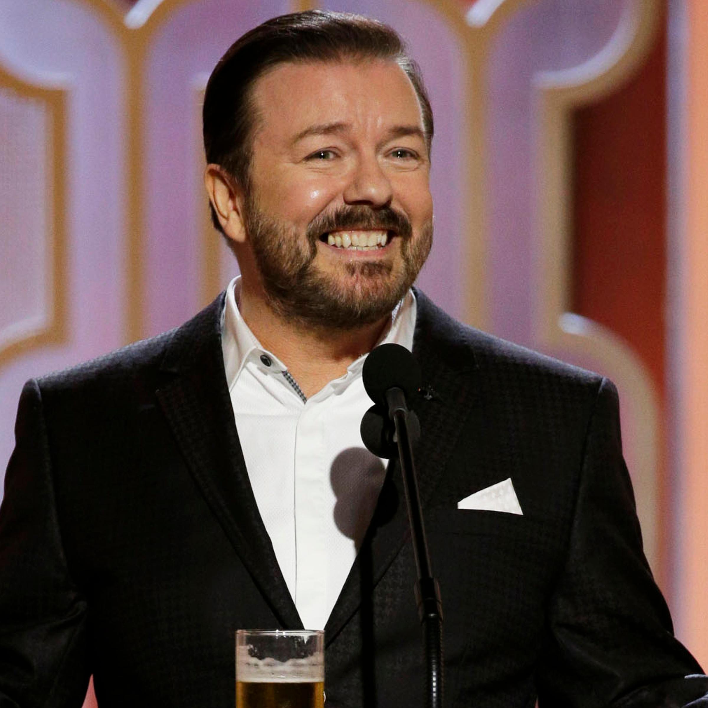 Ricky Gervais speaks onstage during the 73rd Annual Golden Globe Awards at The Beverly Hilton Hotel on Jan. 10, 2016 in Beverly Hills.