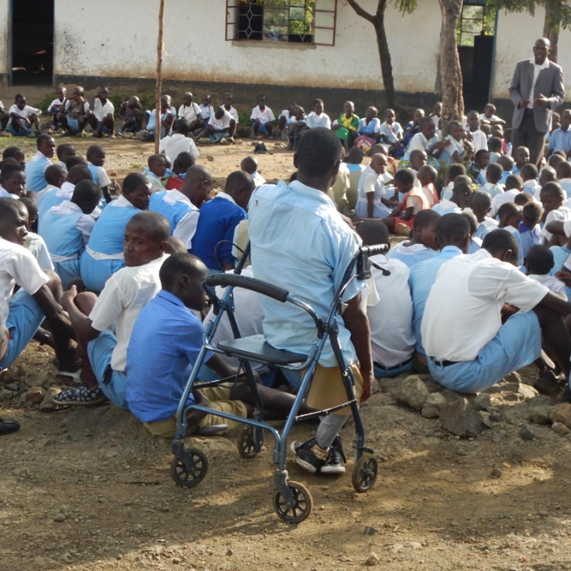 Morning meeting between students at a school and students from a school with disabilities in Western Kenya