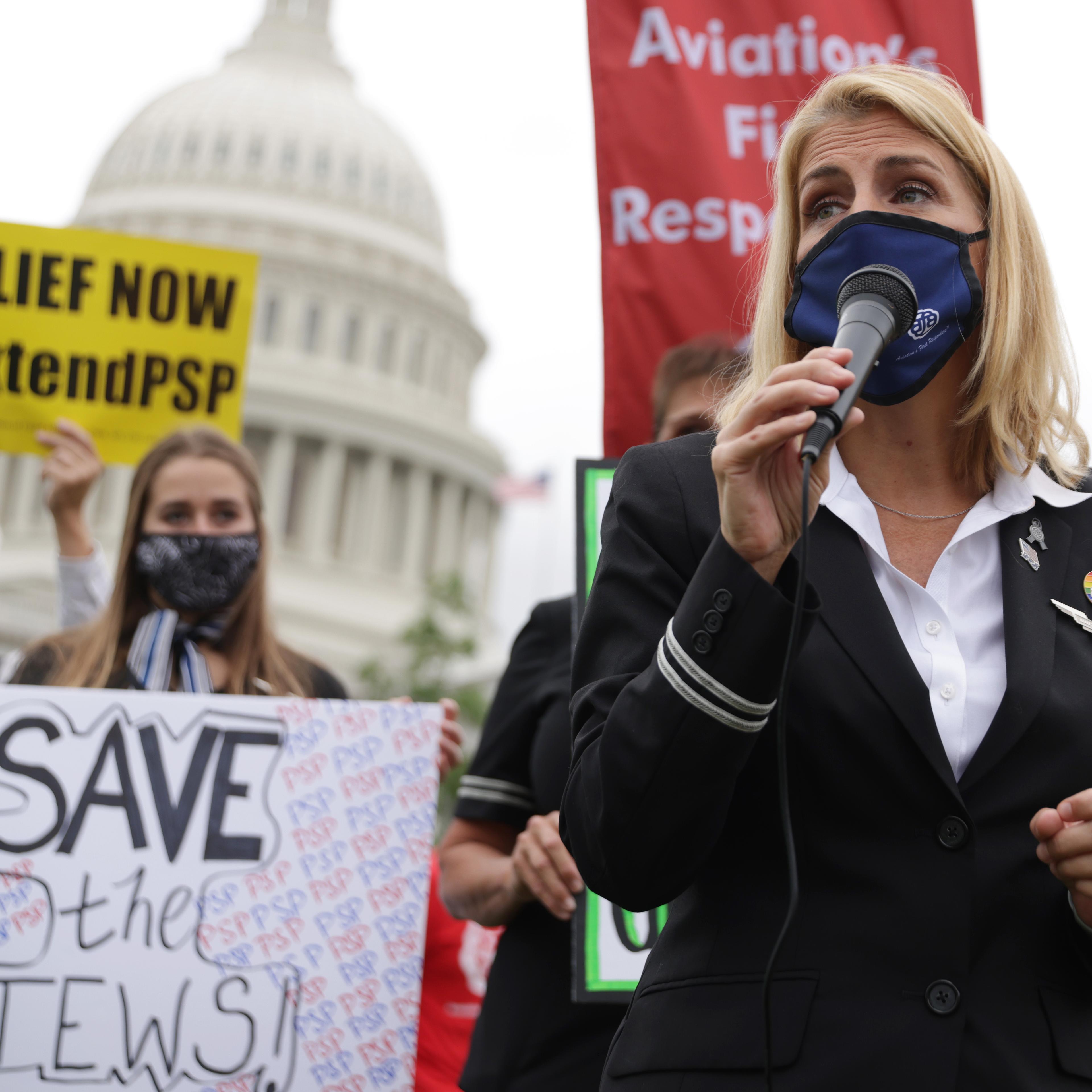 Association of Flight Attendants-CWA, AFL-CIO International President Sara Nelson speaks during a rally on the grounds of the U.S. Capitol September 9, 2020 in Washington, DC.