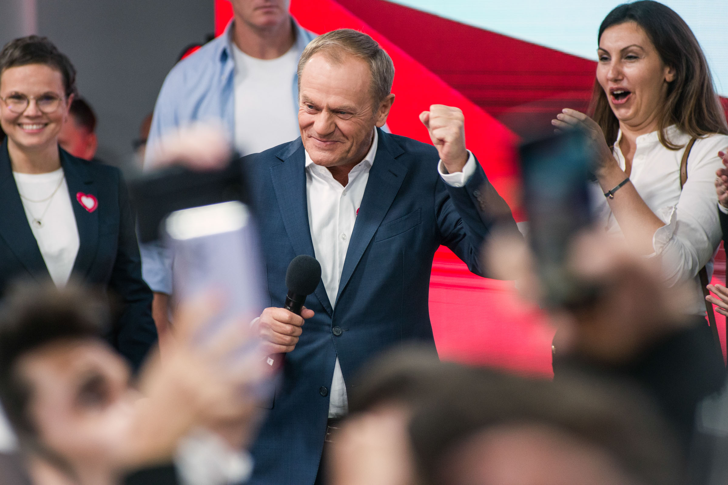 The Civic Coalition's leader Donald Tusk speaks during the election night in Warsaw.