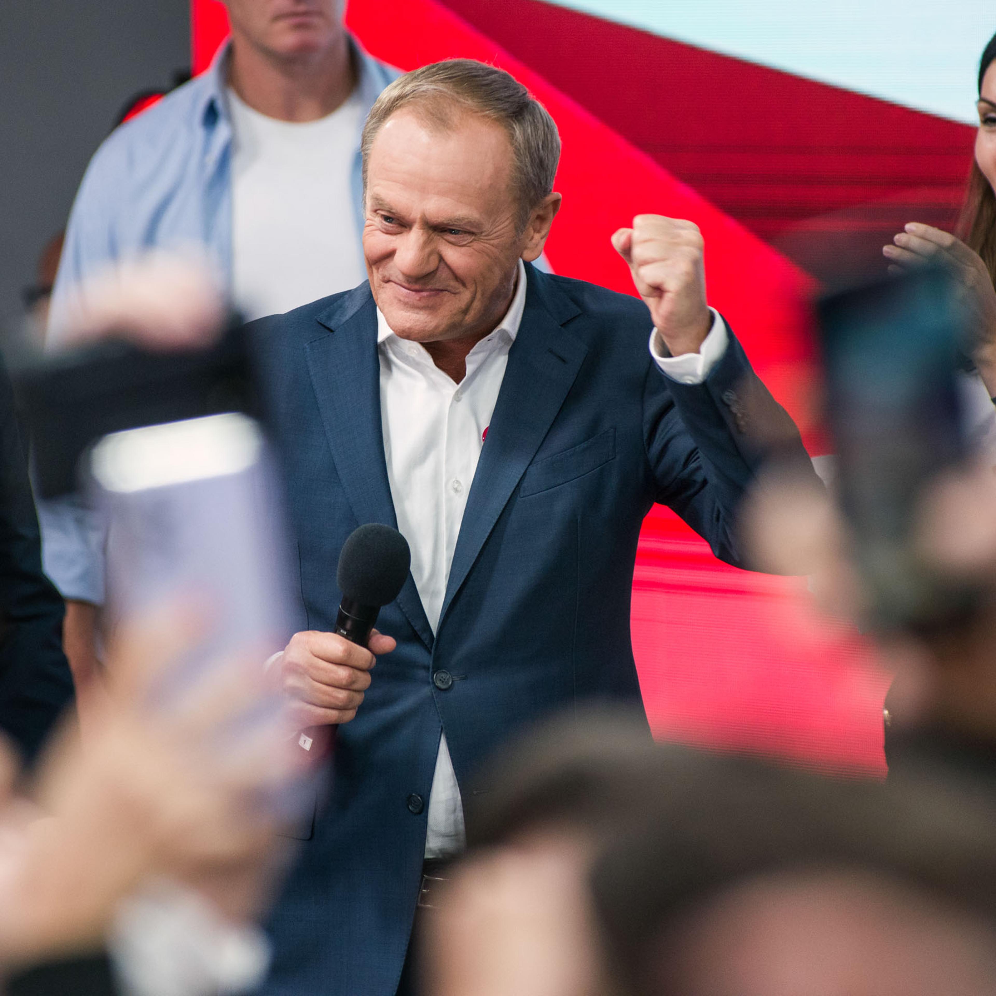 The Civic Coalition's leader Donald Tusk speaks during the election night in Warsaw.