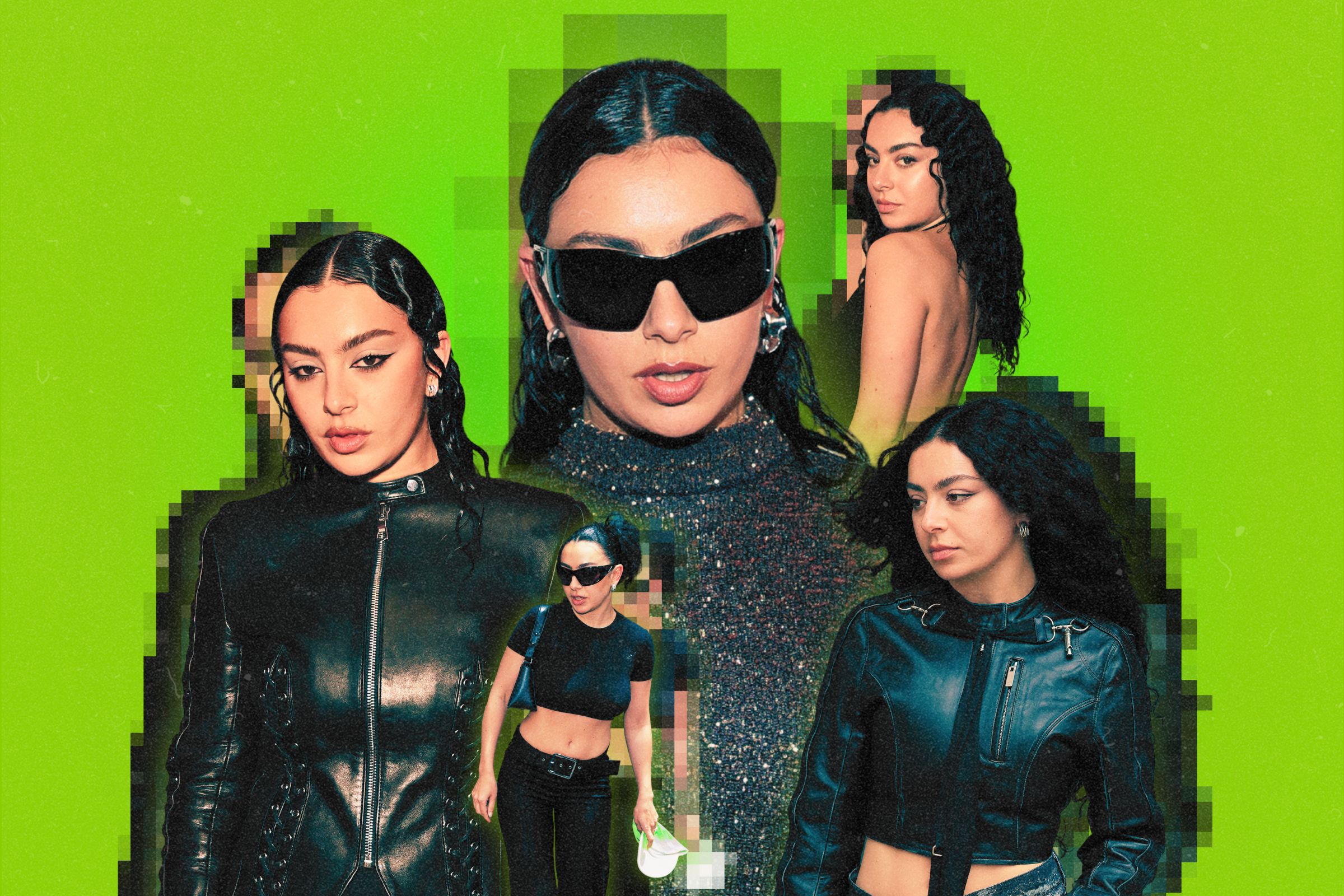 A collage of photos of Charli xcx on a bright green background