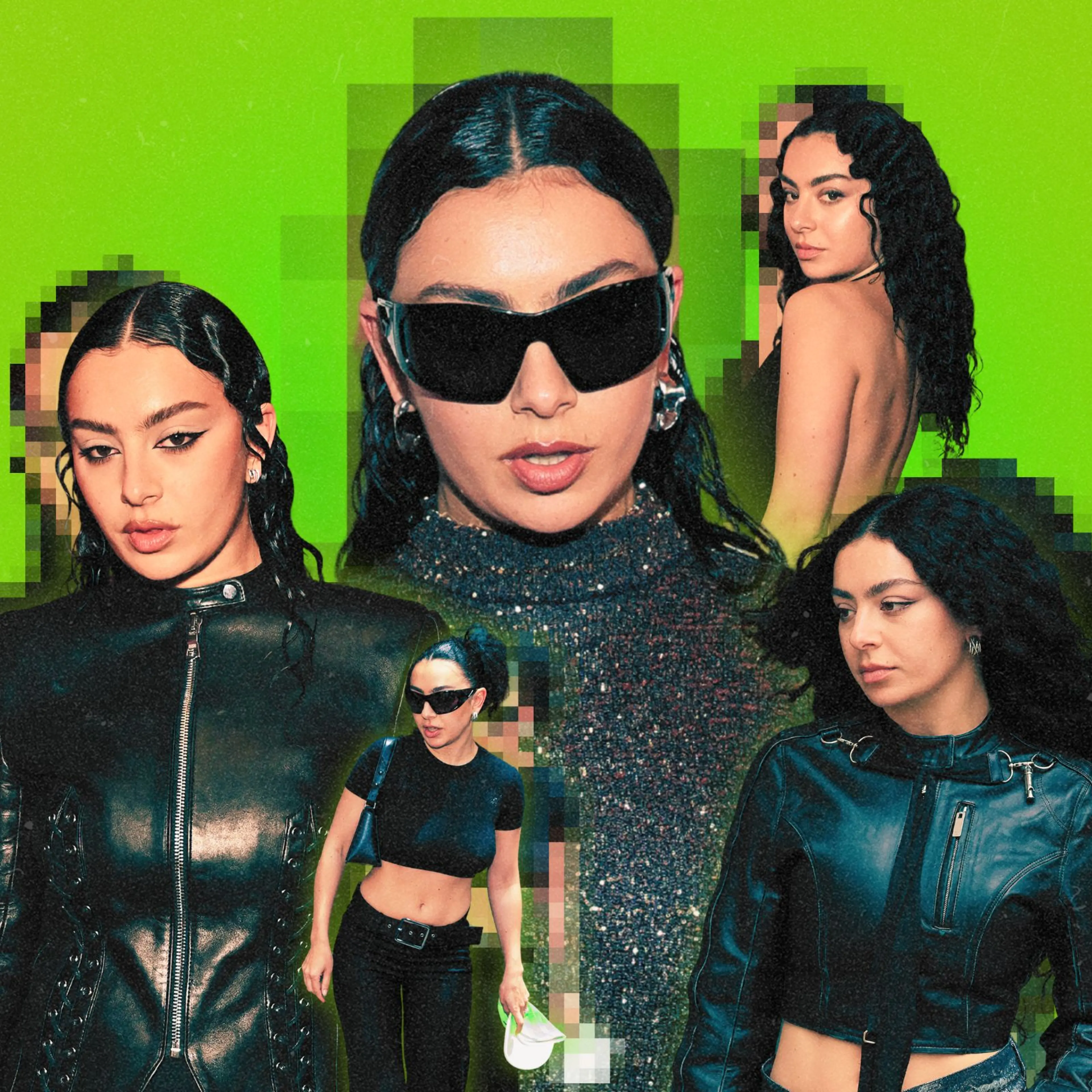 A collage of photos of Charli xcx on a bright green background