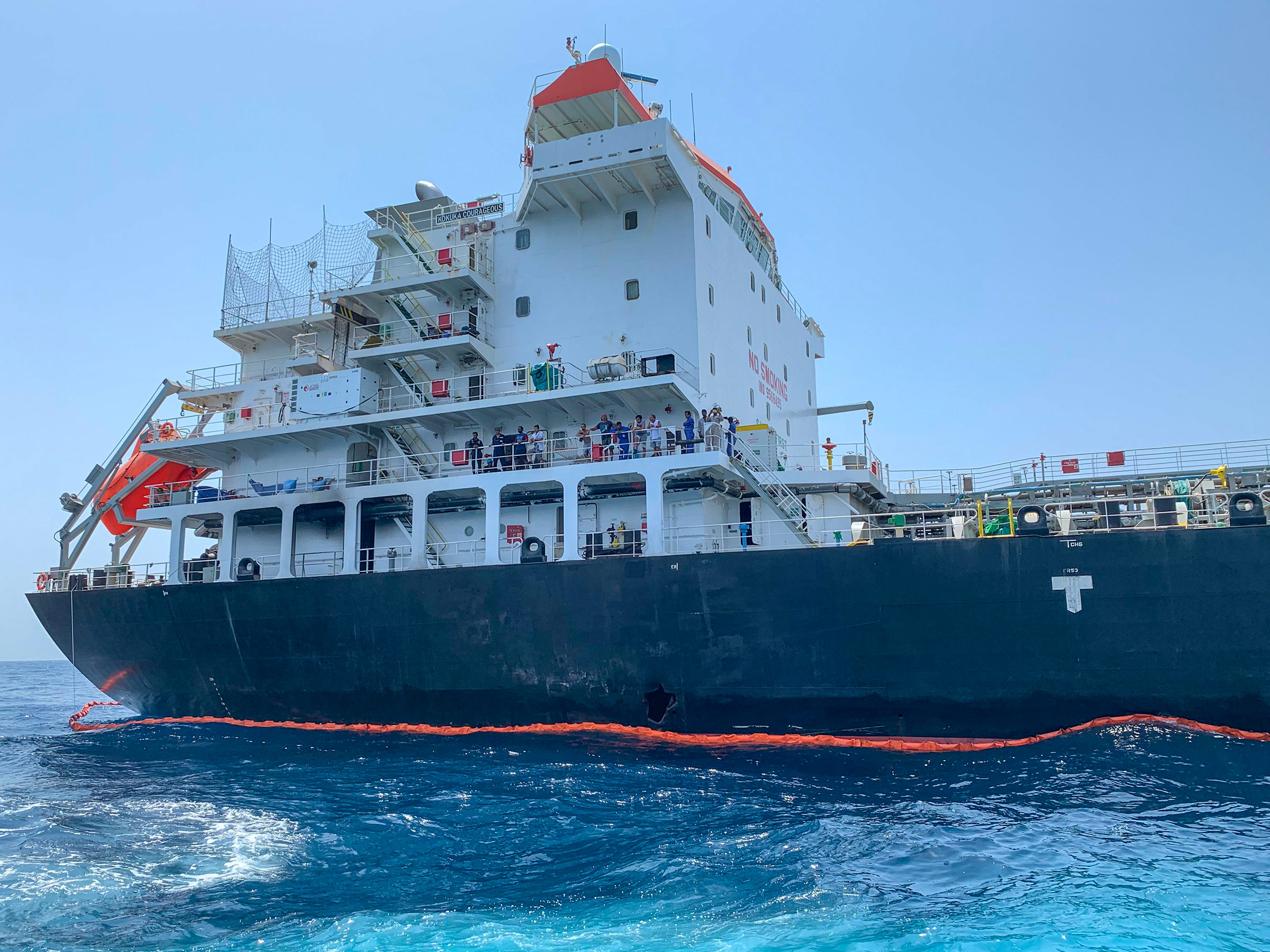 Damage of Japanese oil tanker Kokuka Courageous is seen off the port of the Gulf emirate of Fujairah on June 19.