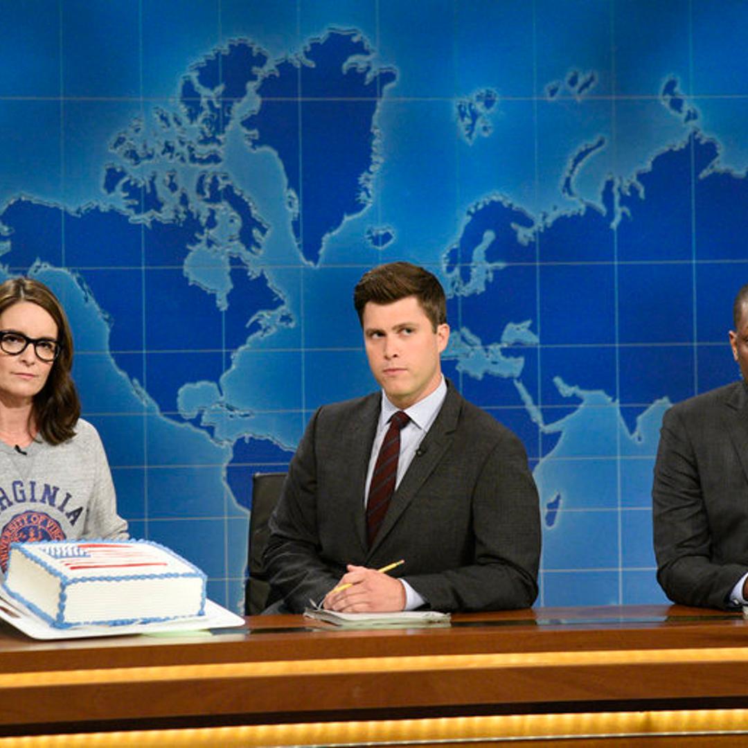 Tina Fey, Colin Jost and Michael Che at Saturday Night Live's Weekend Update desk on Aug. 17, 2017.