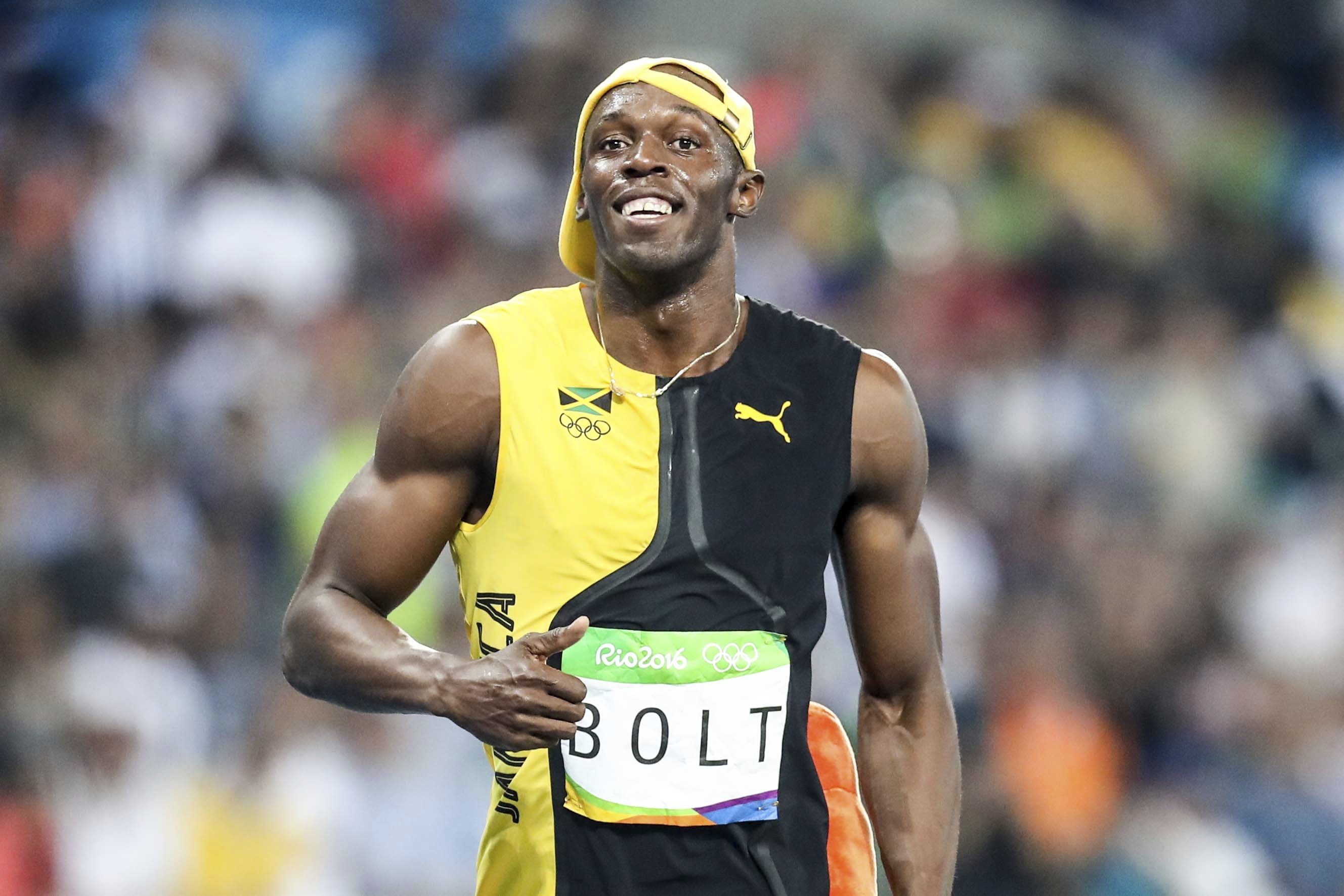 Usain Bolt of Jamaica celebrates winning the gold medal in the men's 100m final during the Rio 2016 Olympic Games at Olympic Stadium on August 14, 2016 in Rio de Janeiro, Brazil