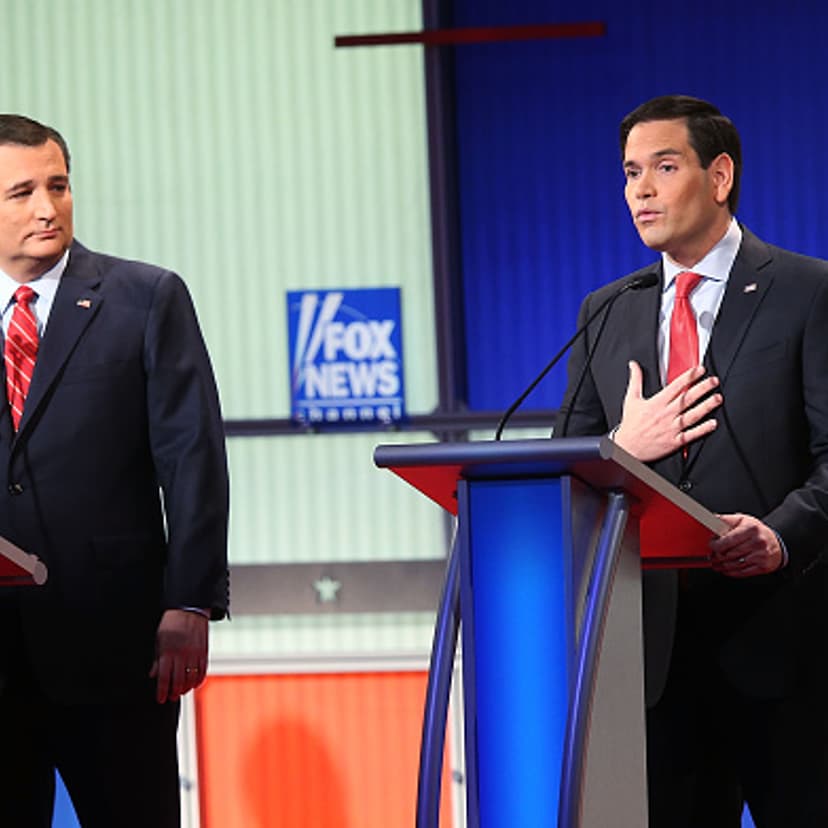 Republican presidential candidates (R-L) Sen. Marco Rubio (R-FL) and Sen. Ted Cruz (R-TX) participate in the Fox News - Google GOP Debate January 28, 2016 at the Iowa Events Center in Des Moines, Iowa.