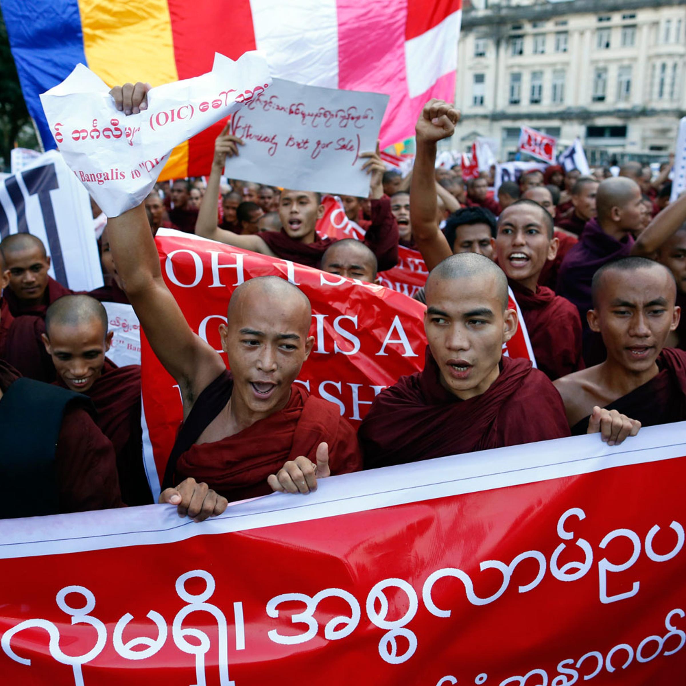 Buddhist monks protest against a visit to Myanmar by a high-level delegation from the Organization of Islamic Cooperation (OIC), in Yangon in November 2013. The clergy play a leading role in stoking anti-Muslim feeling.