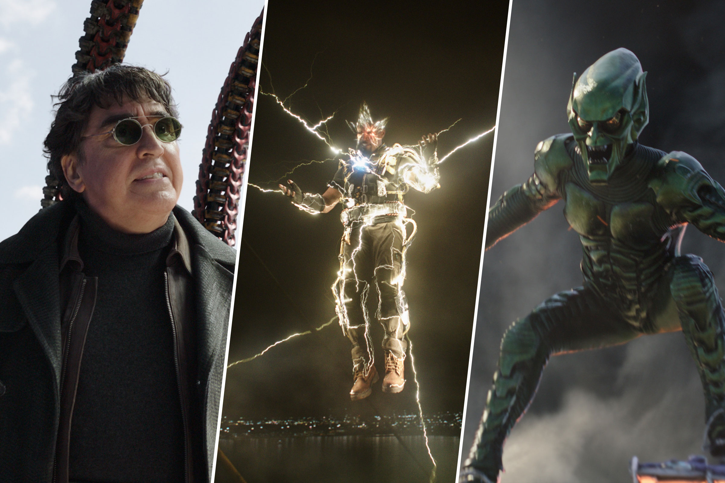 Alfred Molina as Doc Ock, Jamie Foxx as Electro, and Willem Dafoe as Green Goblin in Spider-Man: No Way Home