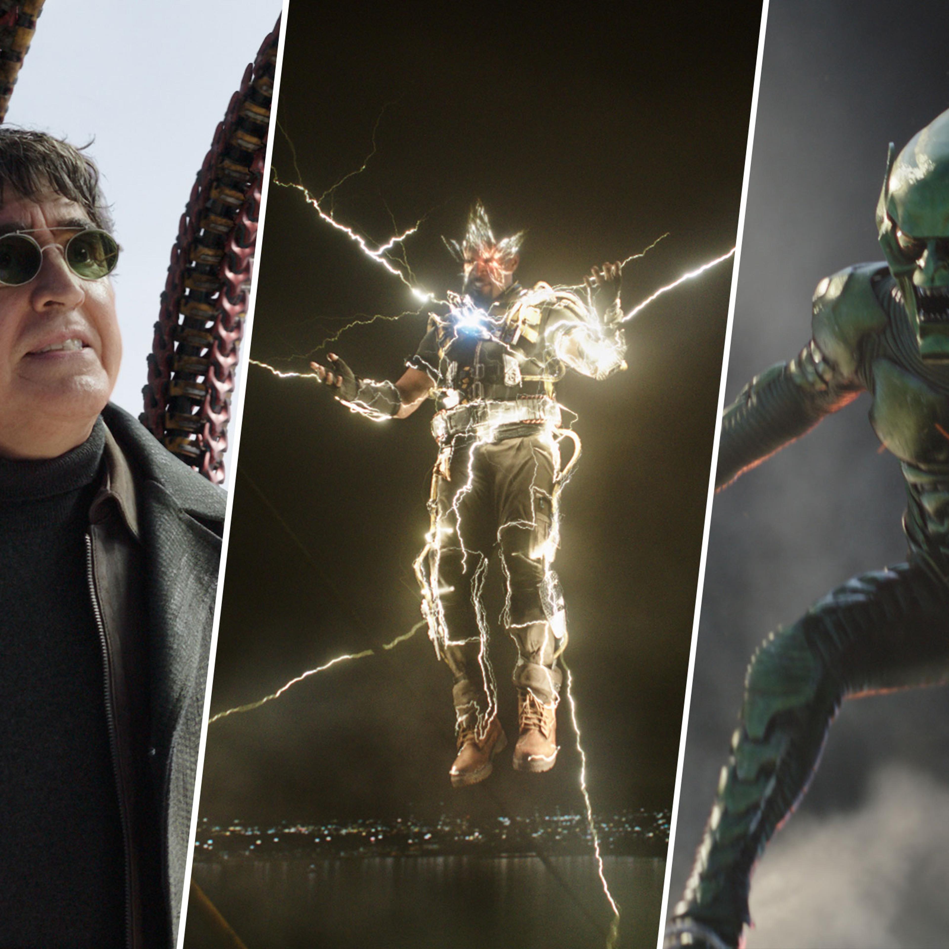 Alfred Molina as Doc Ock, Jamie Foxx as Electro, and Willem Dafoe as Green Goblin in Spider-Man: No Way Home