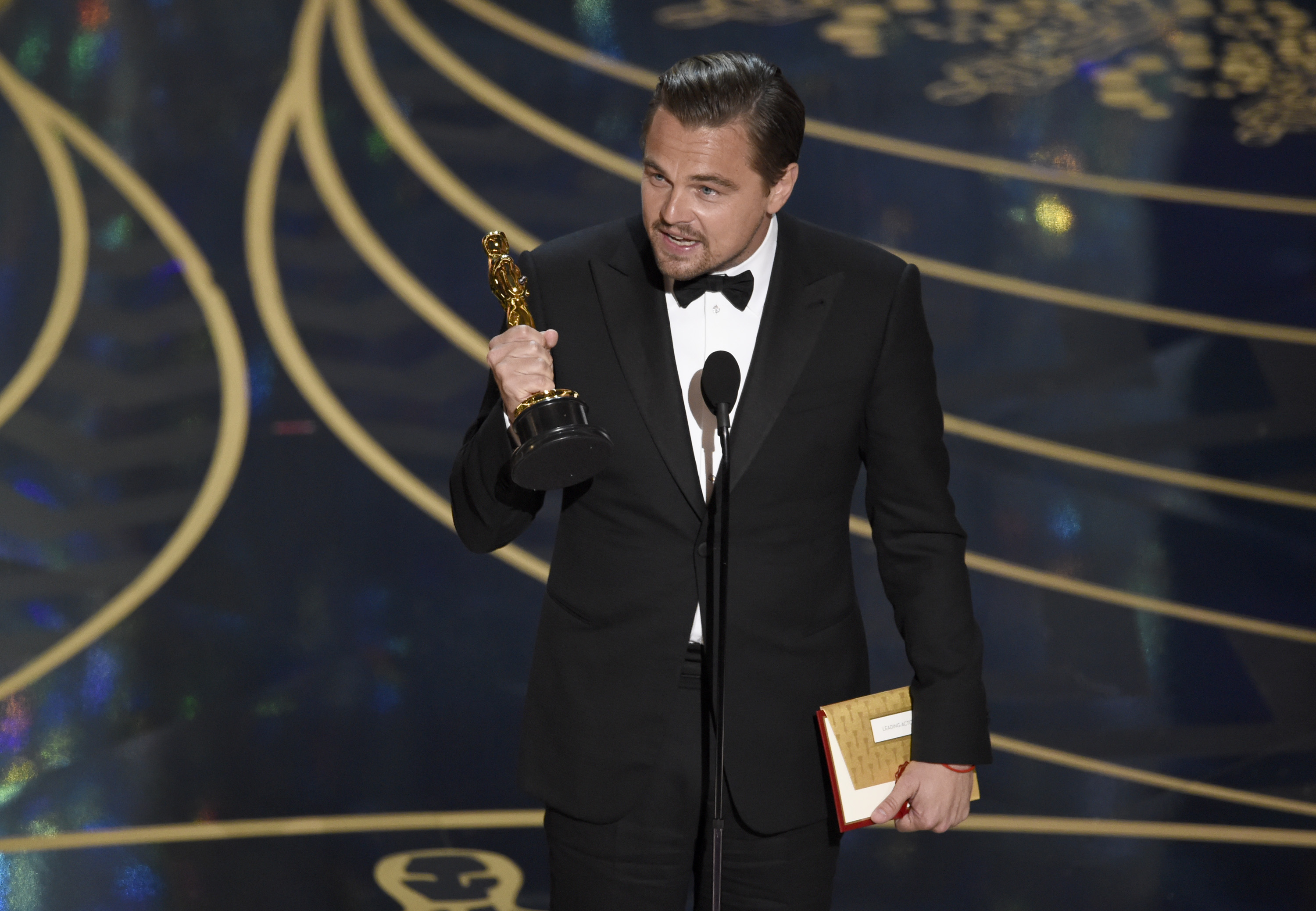 Leonardo DiCaprio accepts the award for Best Actor at the Oscars on Feb. 28, 2016 in Hollywood, Calif.