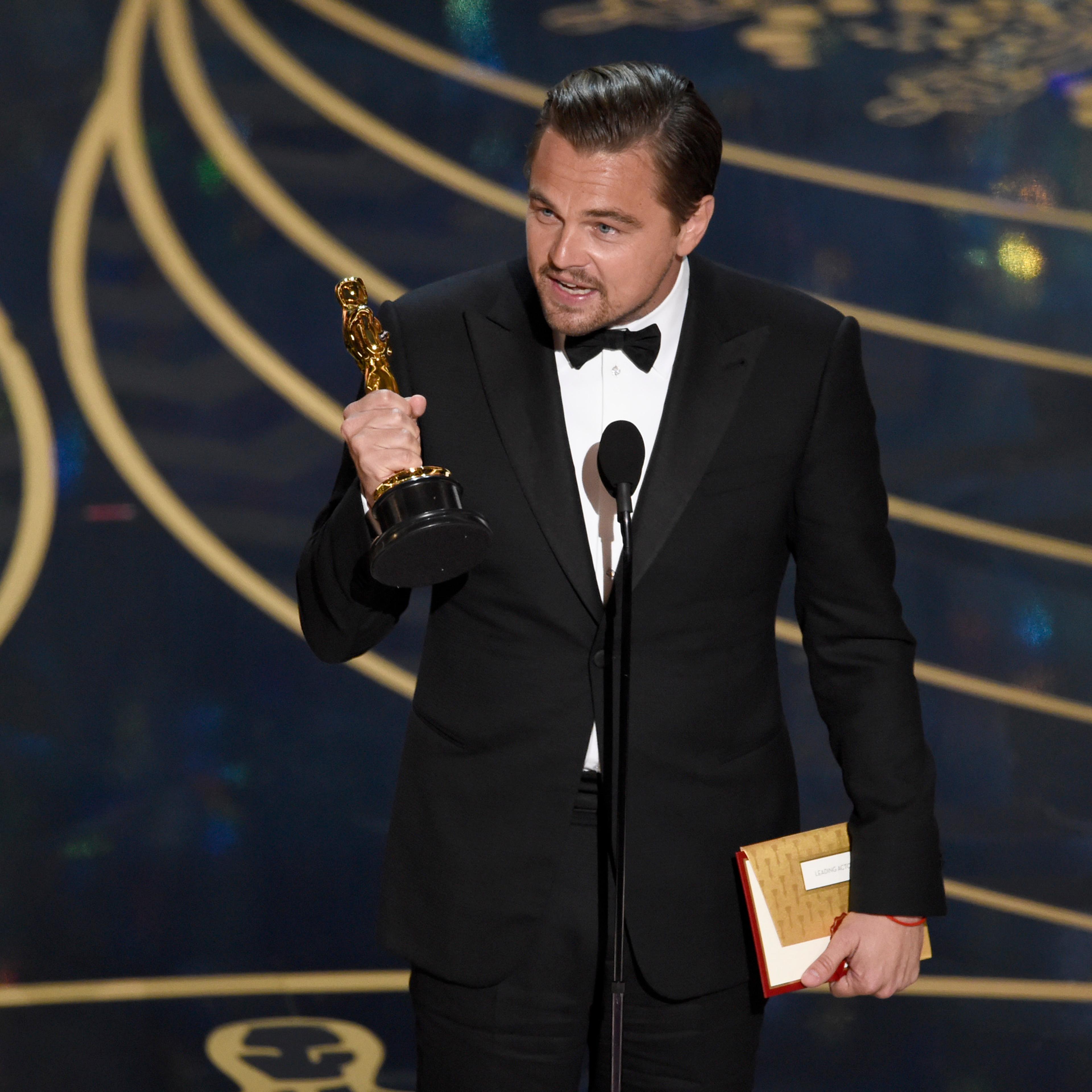 Leonardo DiCaprio accepts the award for Best Actor at the Oscars on Feb. 28, 2016 in Hollywood, Calif.