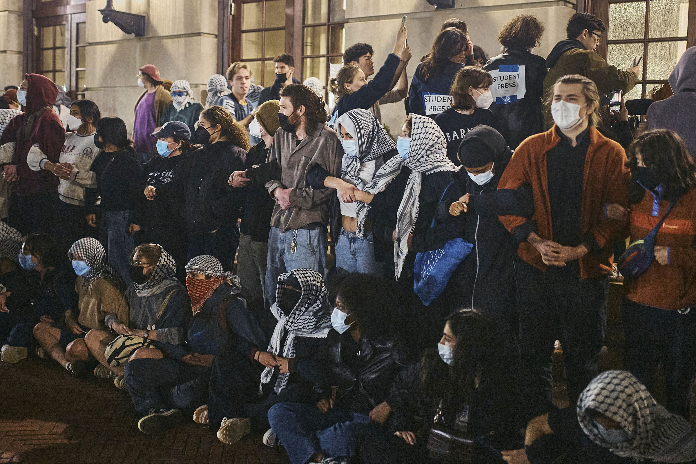 Protestors block the entrance as they take the interior of Hamilton Hall, April 29, 2024.