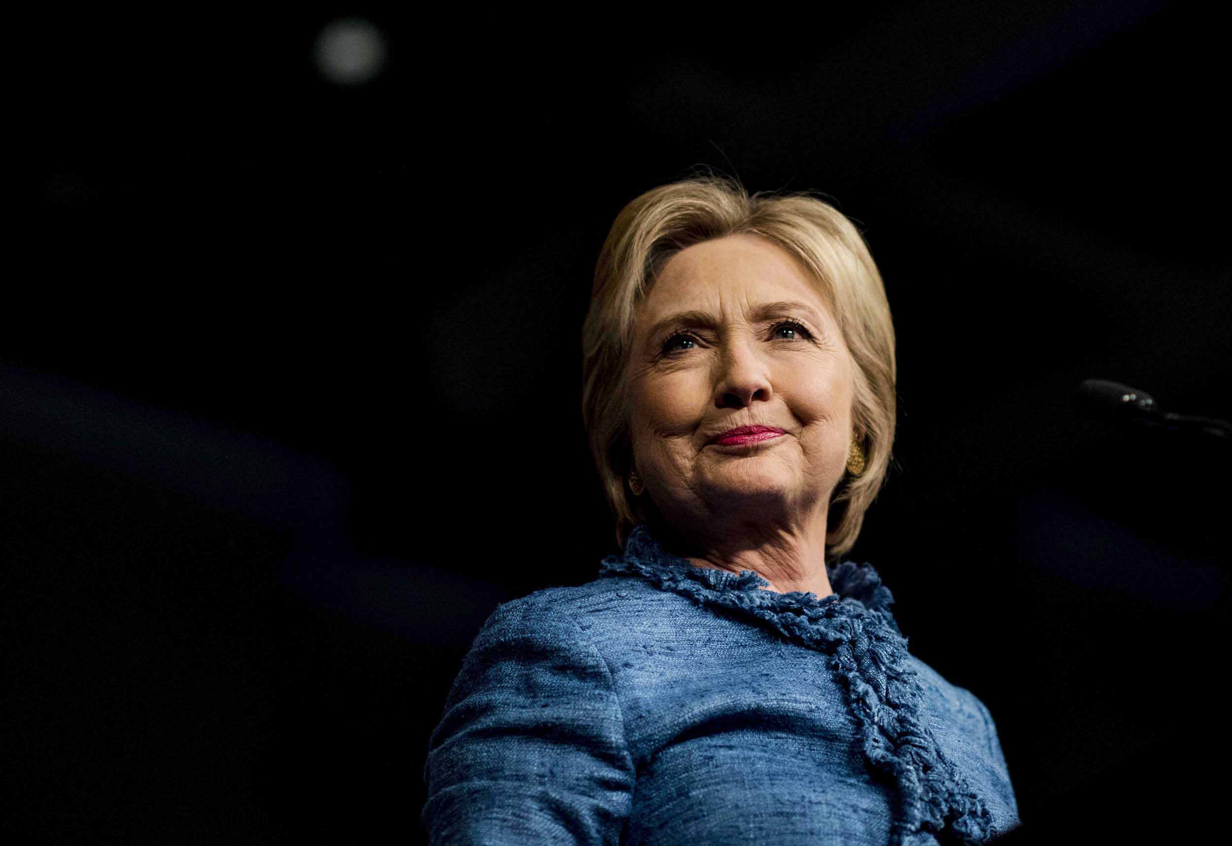 On primary night, former Secretary of State Hillary Clinton speaks to a cheering crowd of her supporters from her victory party in West Palm Beach, Fl. on March 15, 2016.