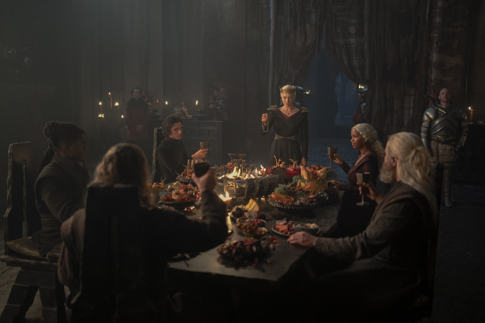 Clinton Liberty, Harry Collett, Emma D’Arcy, Bethany Antonia, Kieran Bew, and Tom Bennett in <i>House of the Dragon</i>