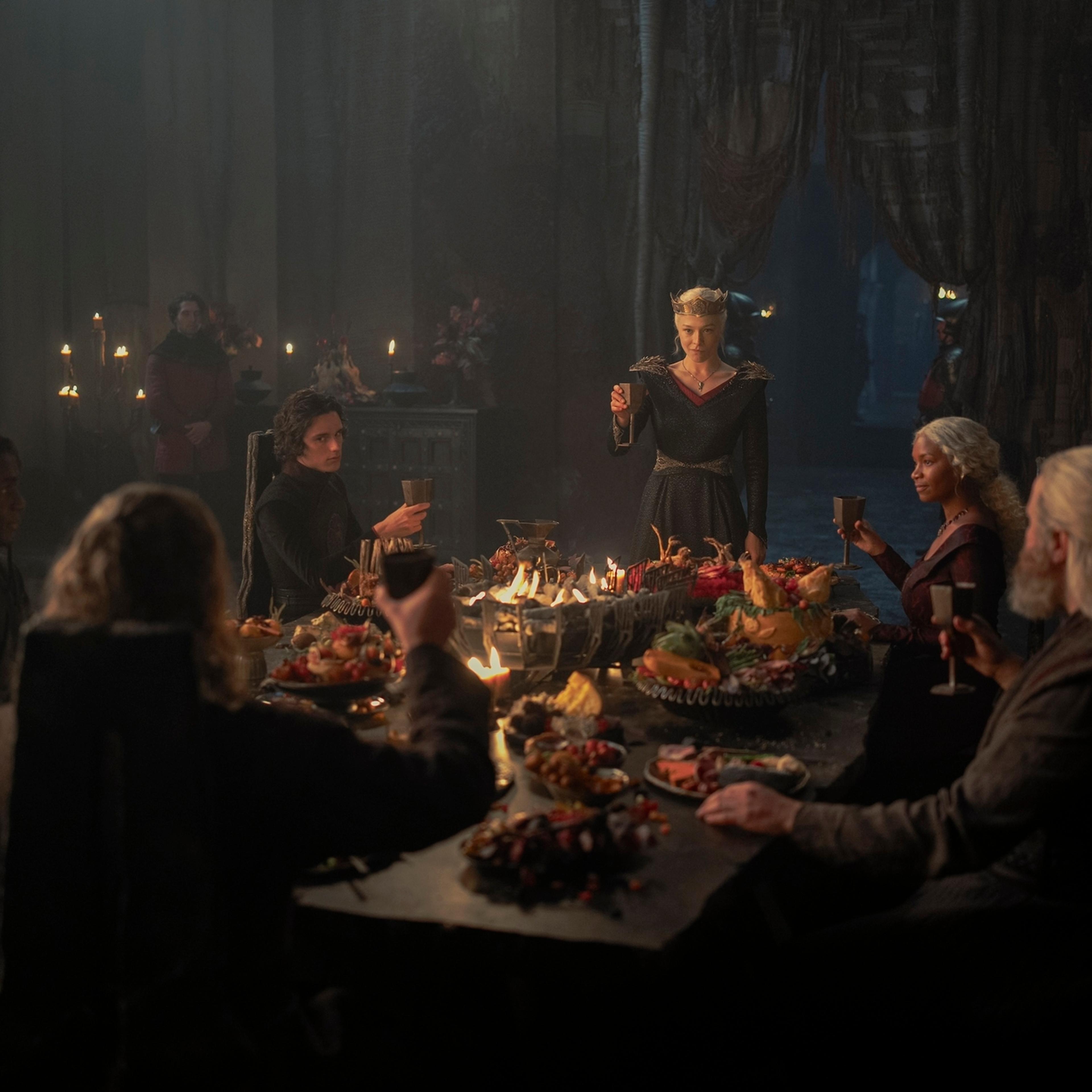 Clinton Liberty, Harry Collett, Emma D’Arcy, Bethany Antonia, Kieran Bew, and Tom Bennett in <i>House of the Dragon</i>