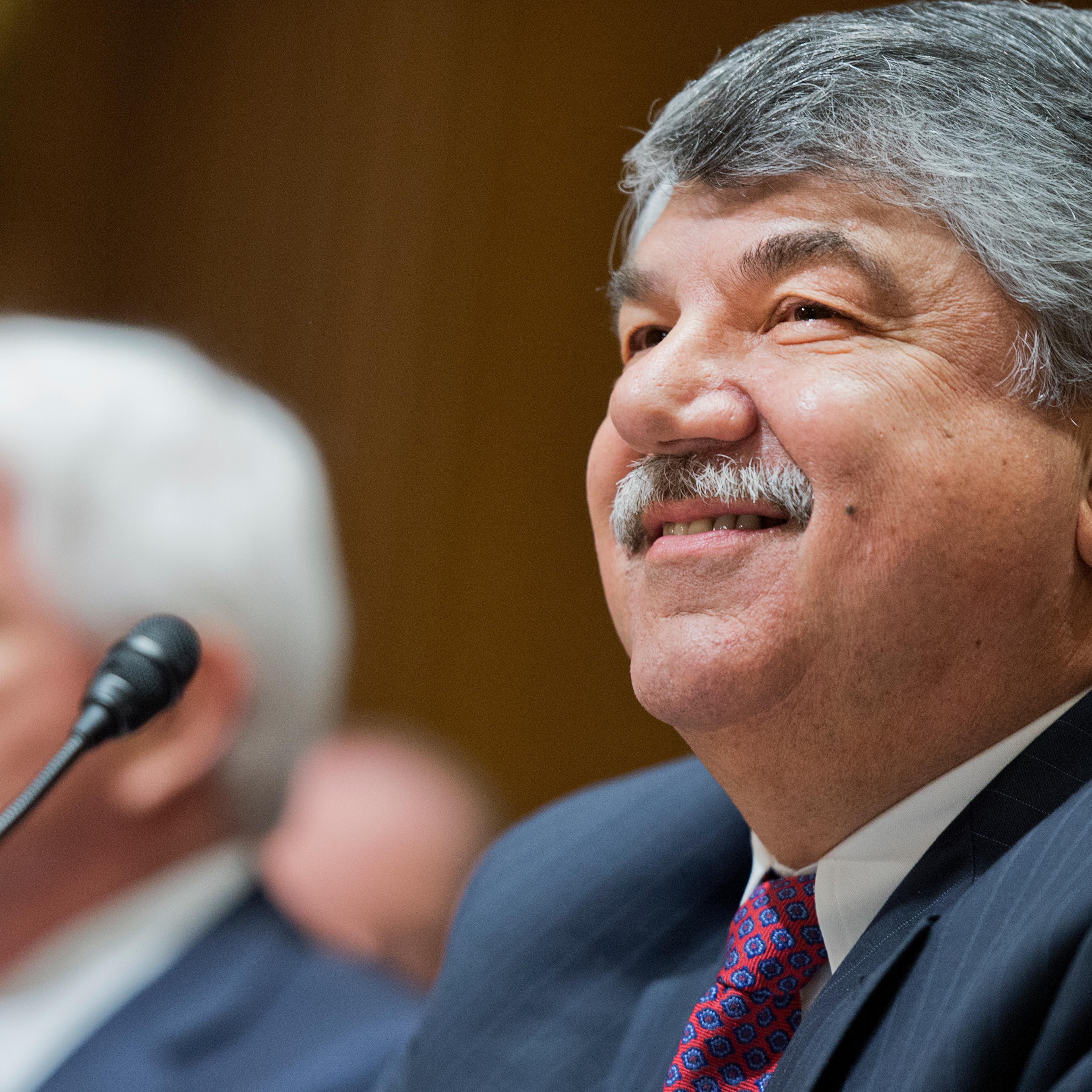 Richard Trumka, right, president of the AFL-CIO prepare to testify before a Senate Finance Committee hearing on April 21, 2015.