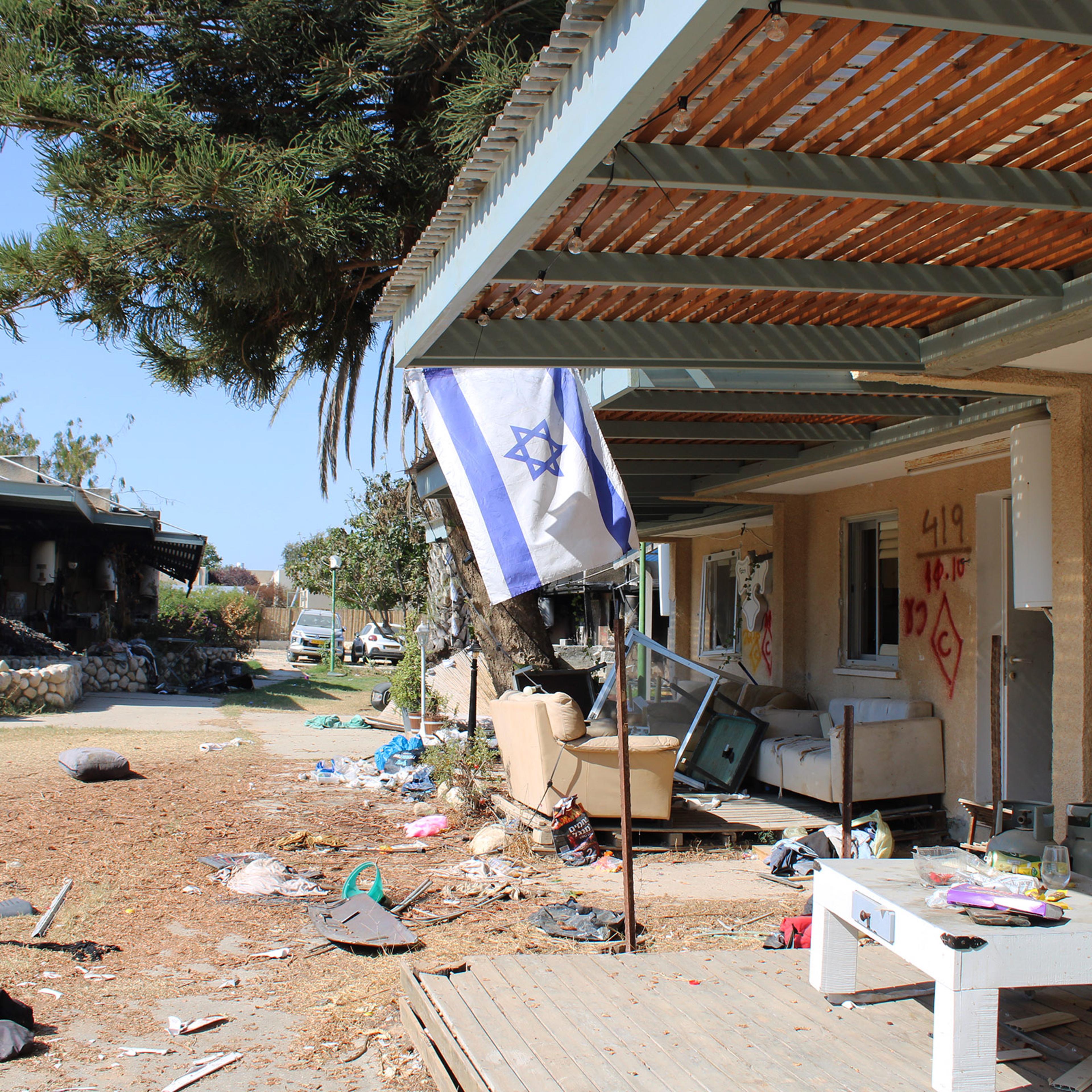 A row of destroyed homes inside the kibbutz Kfar Aza, in Israel, Oct. 31, 2023.