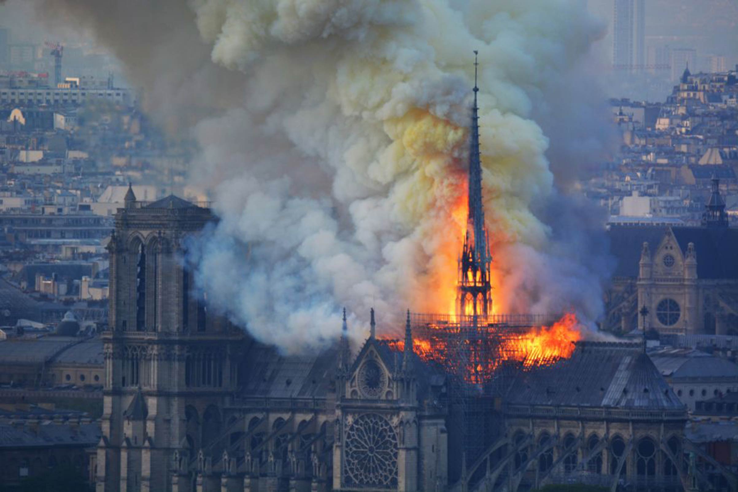 A fire broke out at the landmark Notre-Dame Cathedral in central Paris on April 15, 2019.