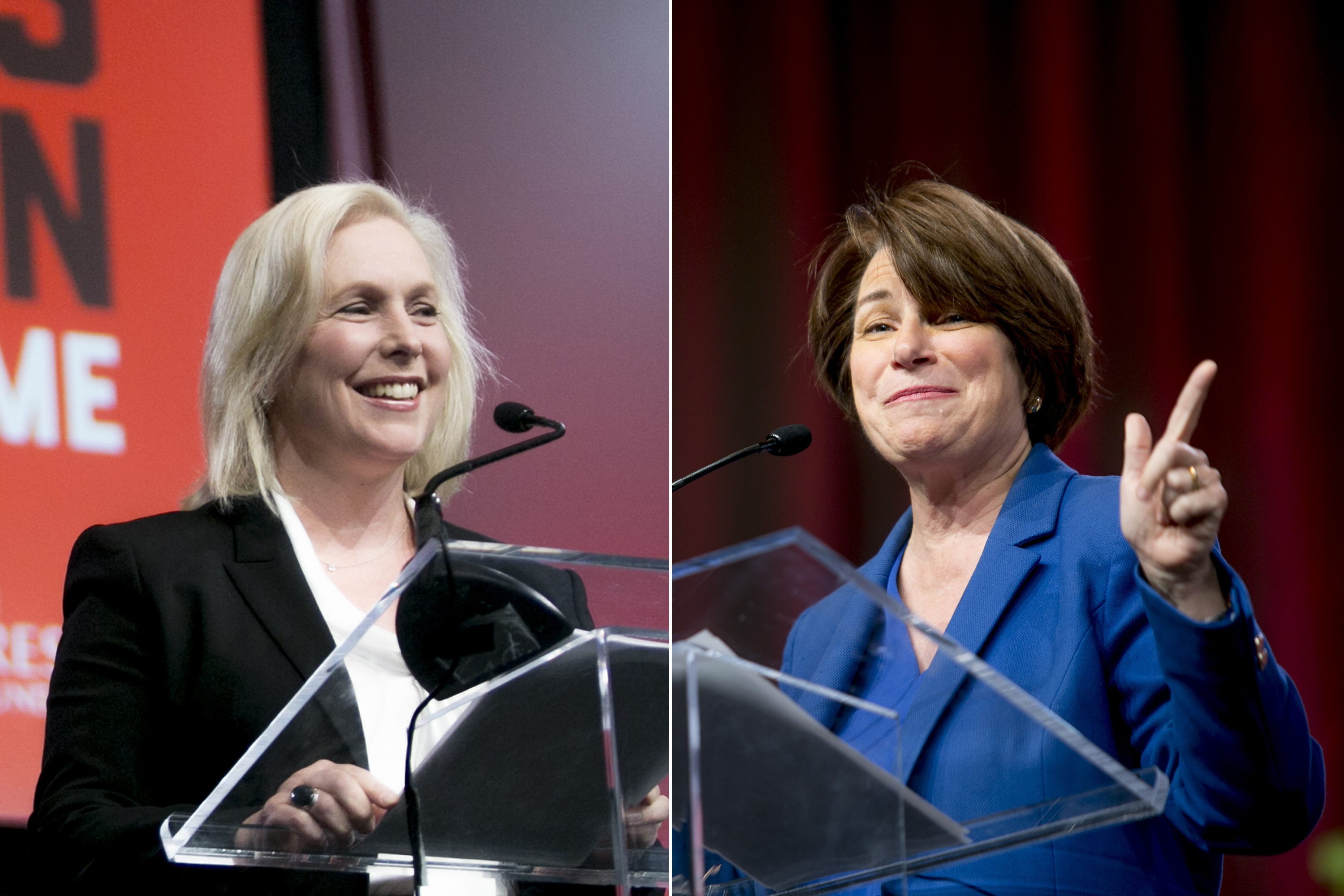 Senator Kirsten Gillibrand and Senator Amy Klobuchar speak during the Women's Convention in Detroit, on Oct. 27, 2017.