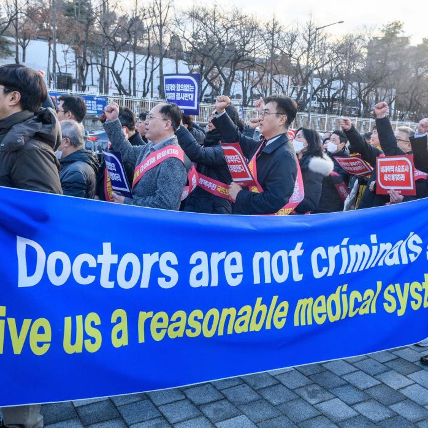 South Korean doctors hold a banner expressing their opinions