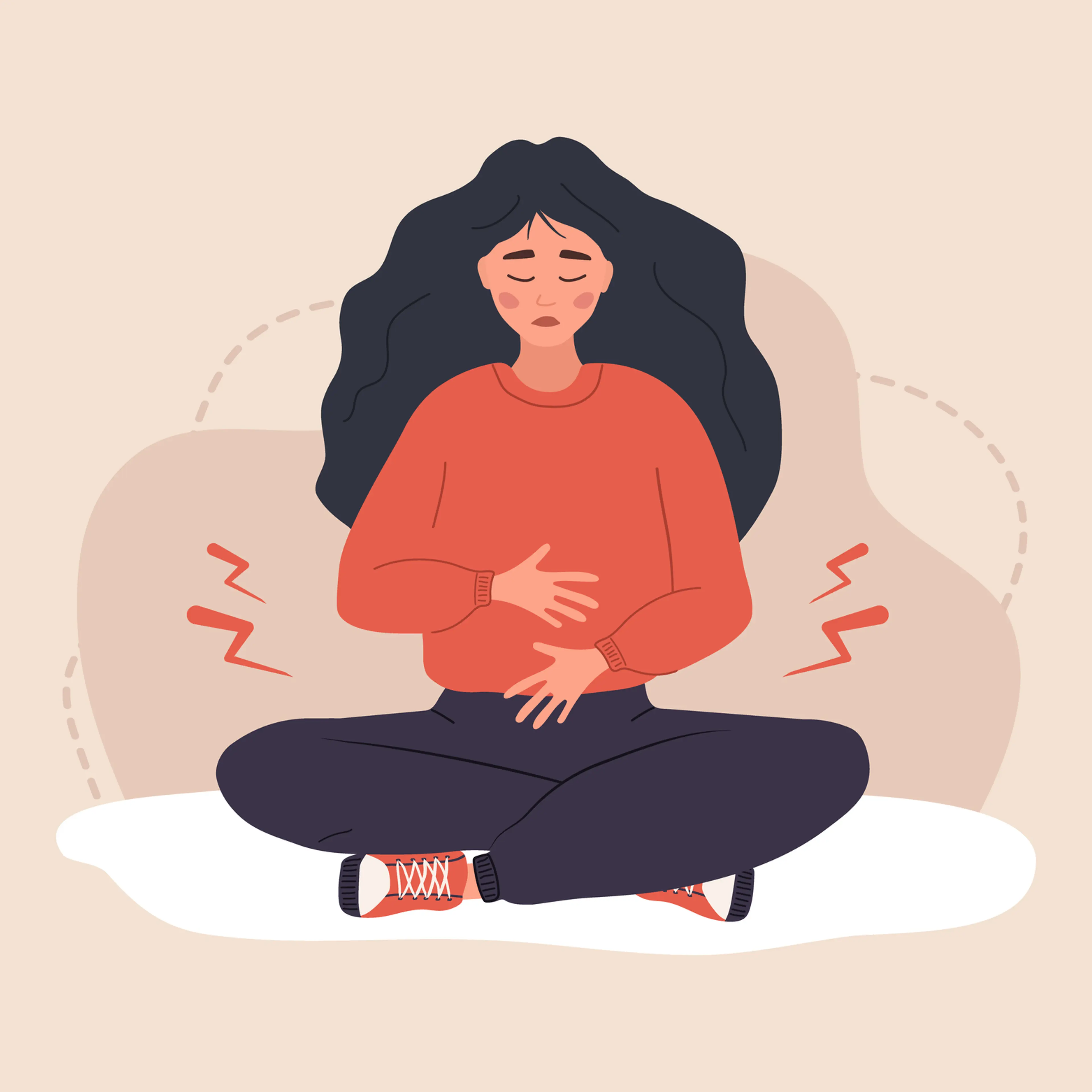 Menstrual pain. Sad woman with abdominal cramps or pms symptoms. Female critical day problems. Vector illustration in flat cartoon style