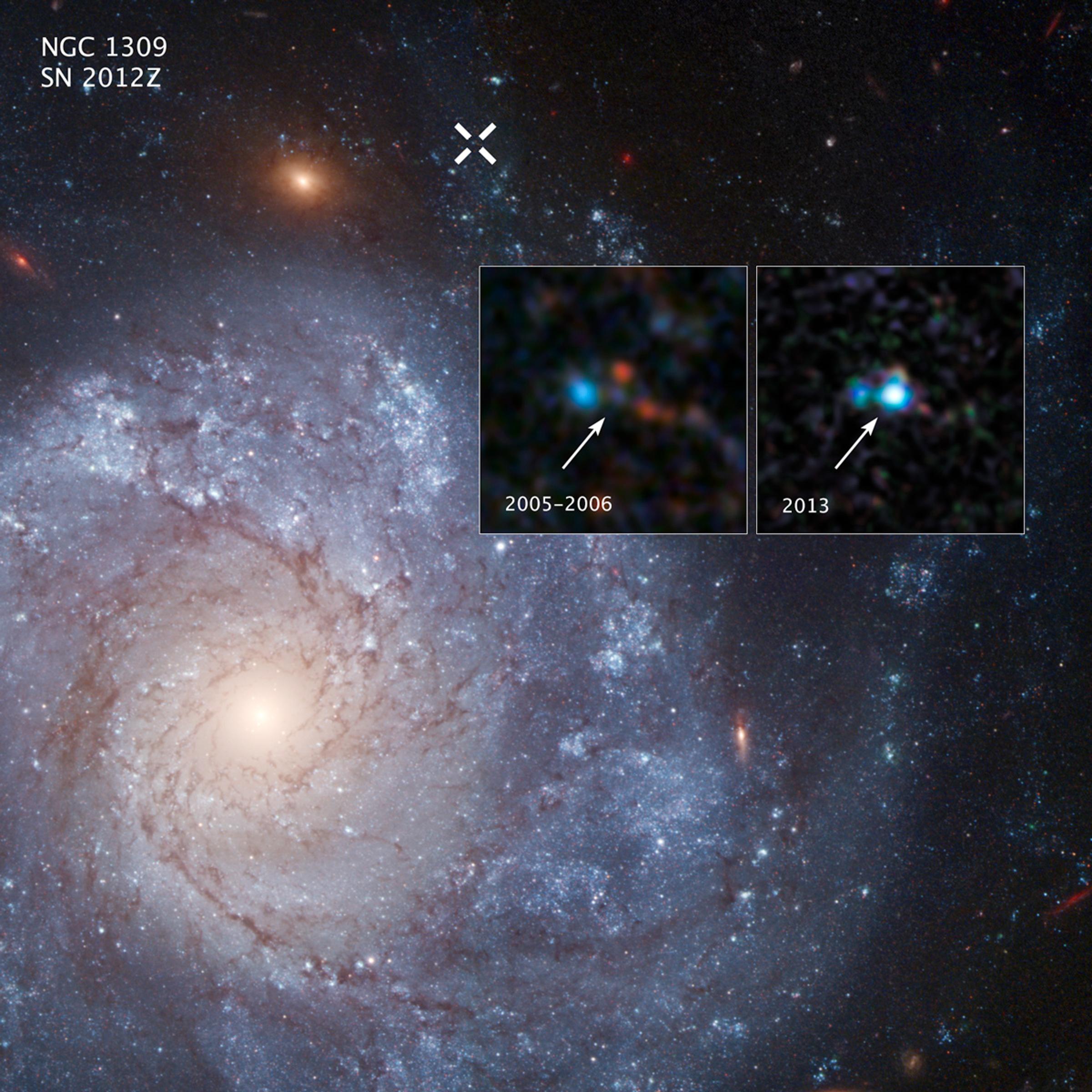 The two inset images show before-and-after images captured by NASA’s Hubble Space Telescope of Supernova 2012Z in the spiral galaxy NGC 1309. The white X at the top of the main image marks the location of the supernova in the galaxy.