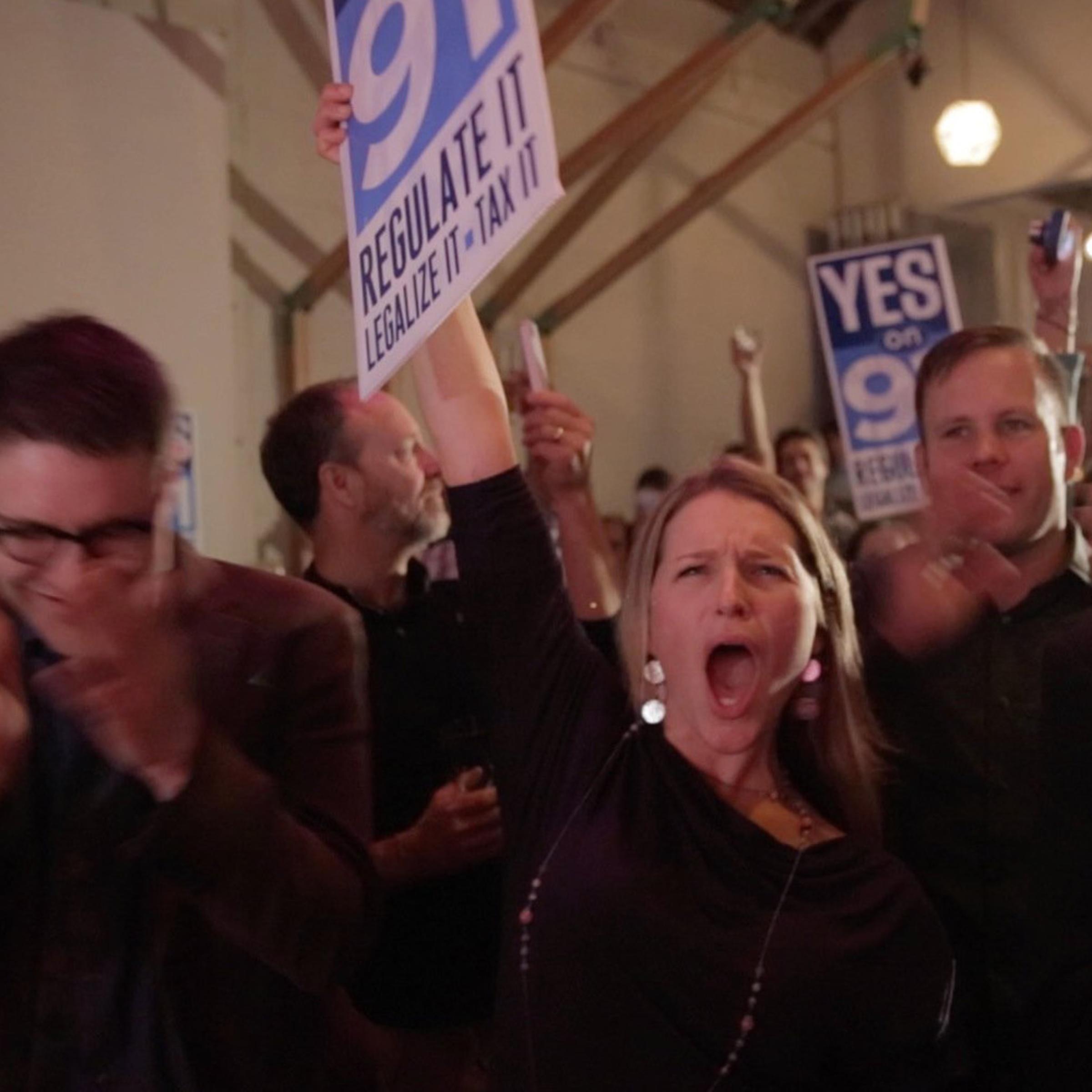 Supporters celebrate the passage of Measure 91, legalizing marijuana in Oregon on Nov. 4, 2014 in Portland, Oregon.