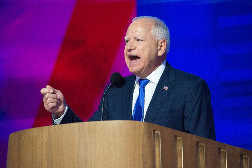 Tim Walz, governor of Minnesota and Democratic vice-presidential nominee, speaks during the Democratic National Convention (DNC) at the United Center in Chicago, Ill. on Aug. 21, 2024.