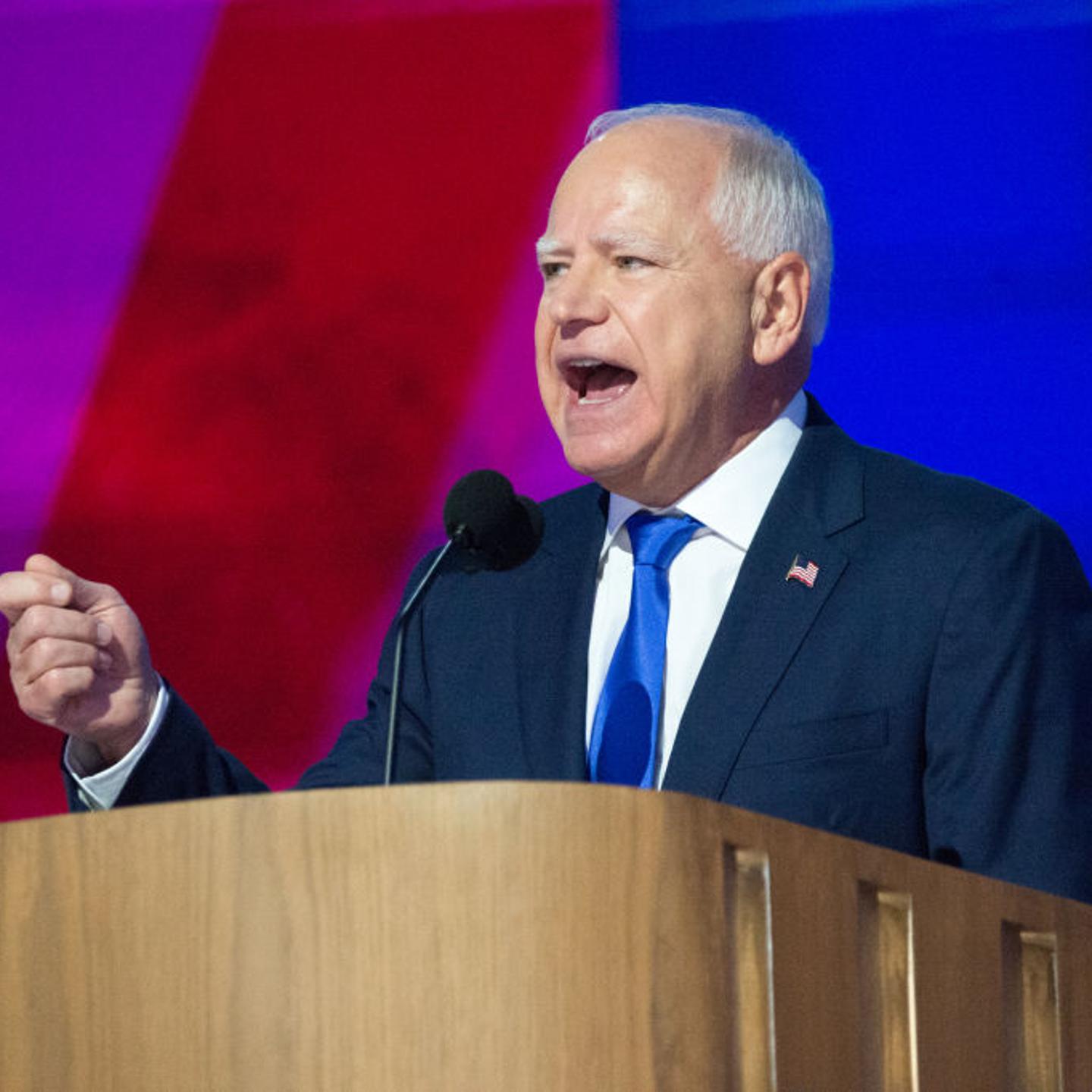 Tim Walz, governor of Minnesota and Democratic vice-presidential nominee, speaks during the Democratic National Convention (DNC) at the United Center in Chicago, Ill. on Aug. 21, 2024.