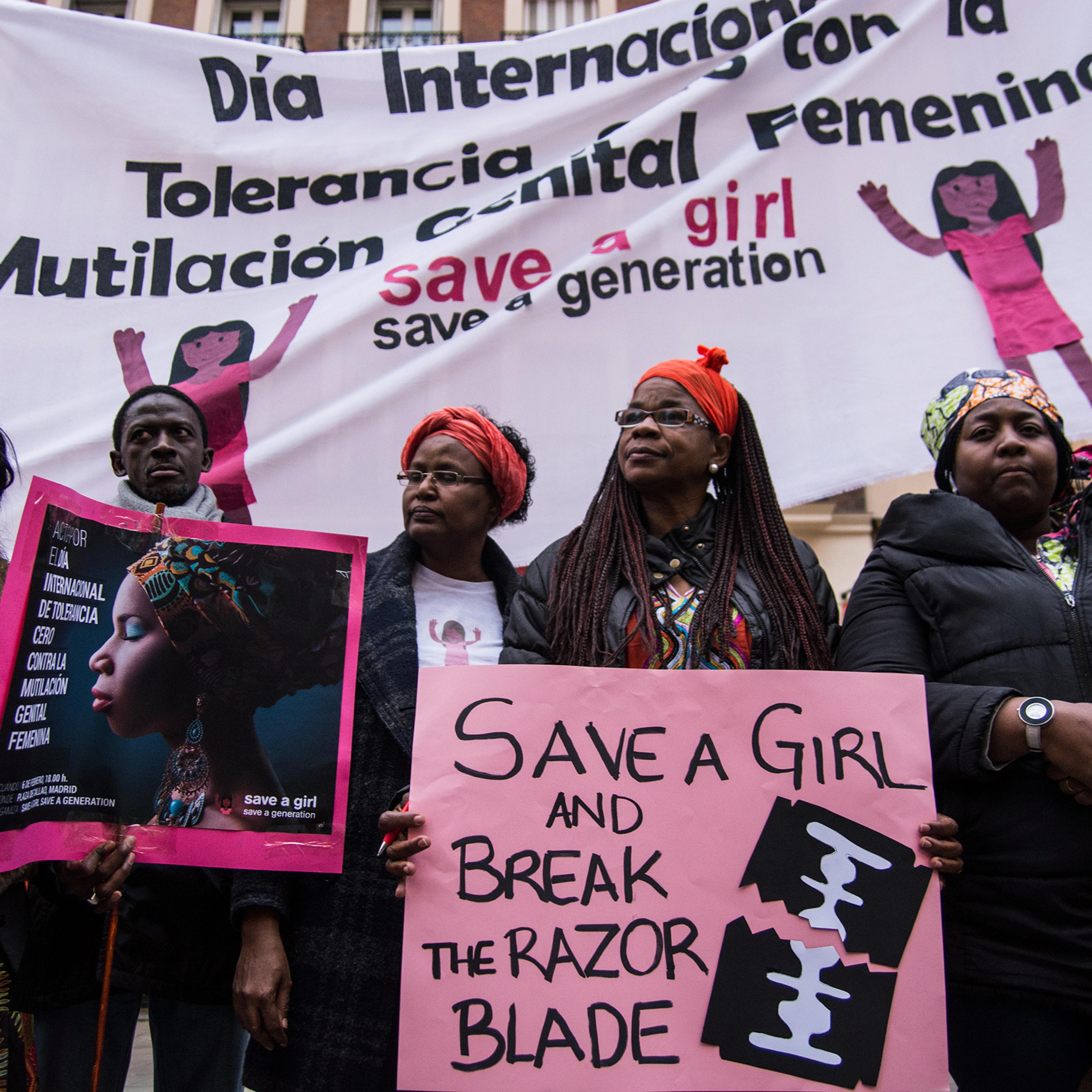People protest during a rally marking International Day of Zero Tolerance to Female Genital Mutilation in Madrid on Feb. 6, 2016.