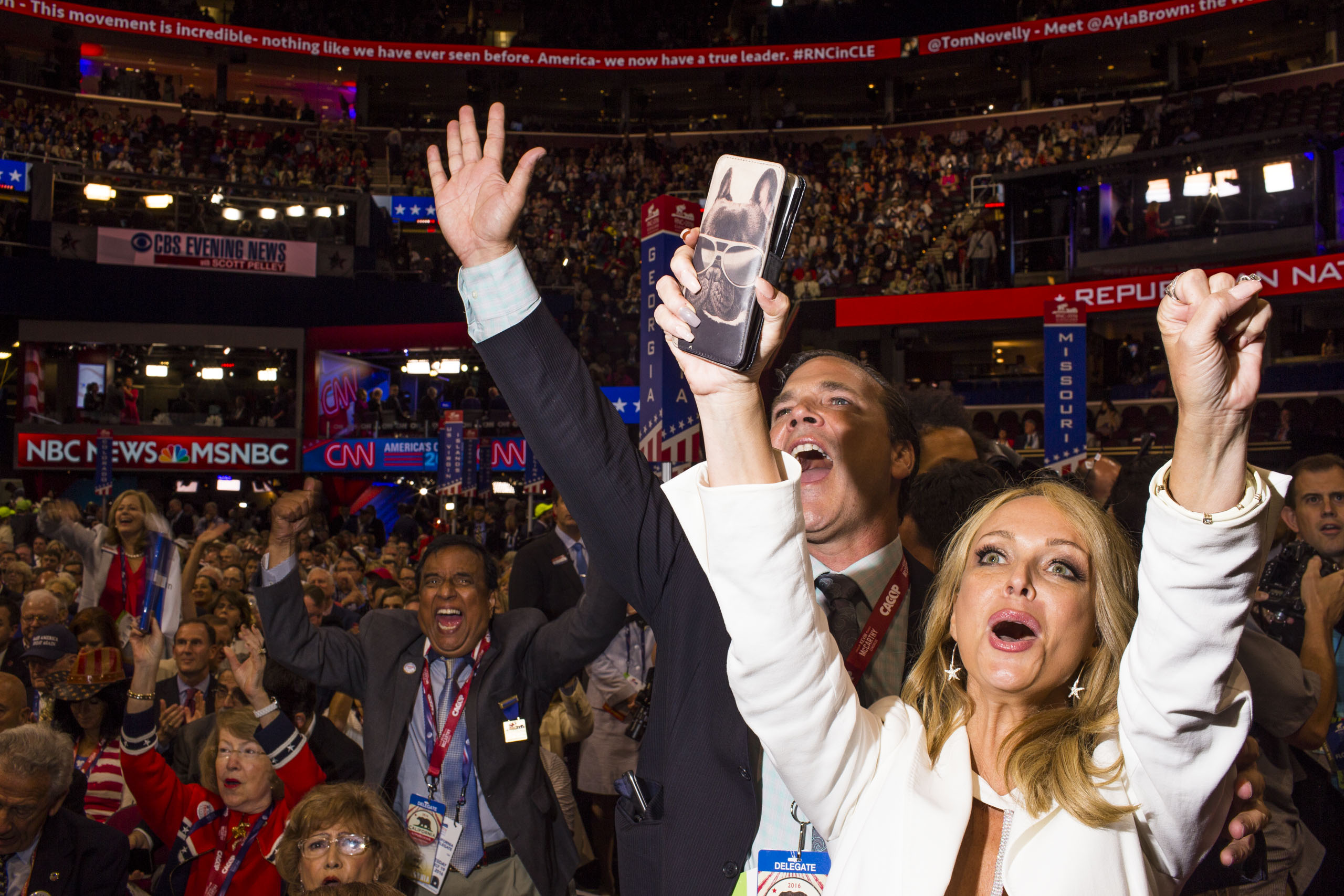 Delegates cheer at the Republican National Convention in Cleveland on Tuesday, July 19, 2016.