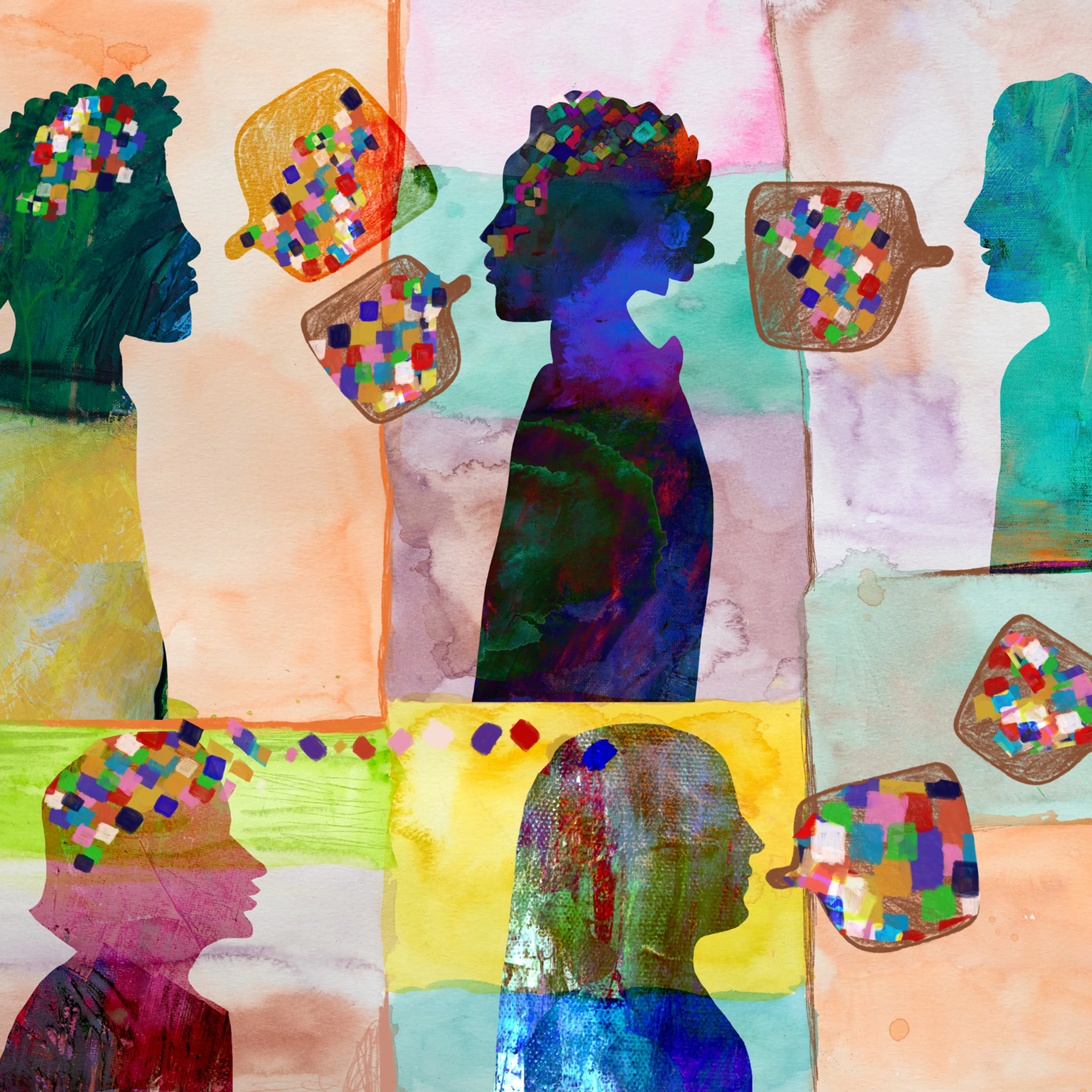 Group of people with talking, thinking, communicating using speech bubbles.