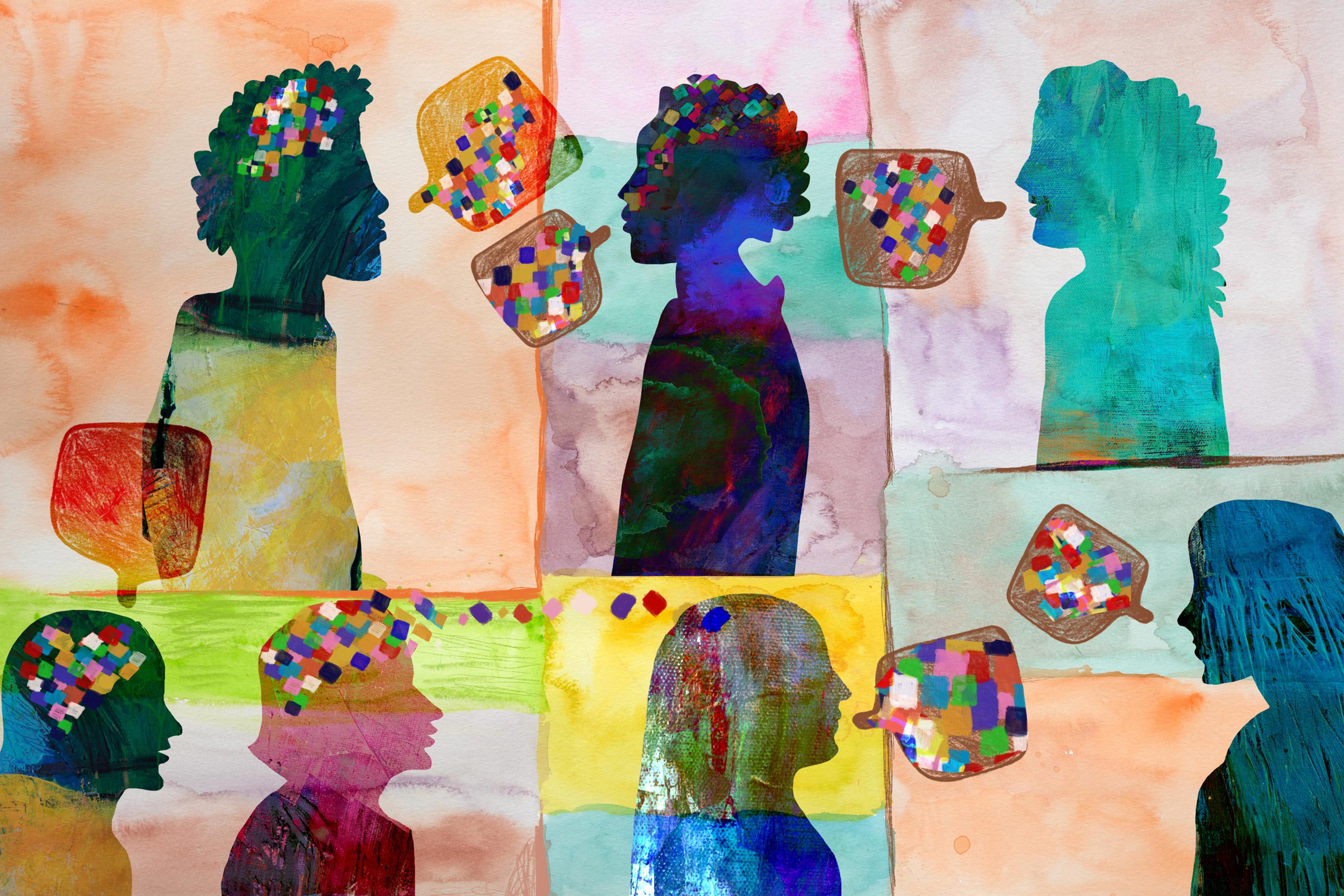 Group of people with talking, thinking, communicating using speech bubbles.