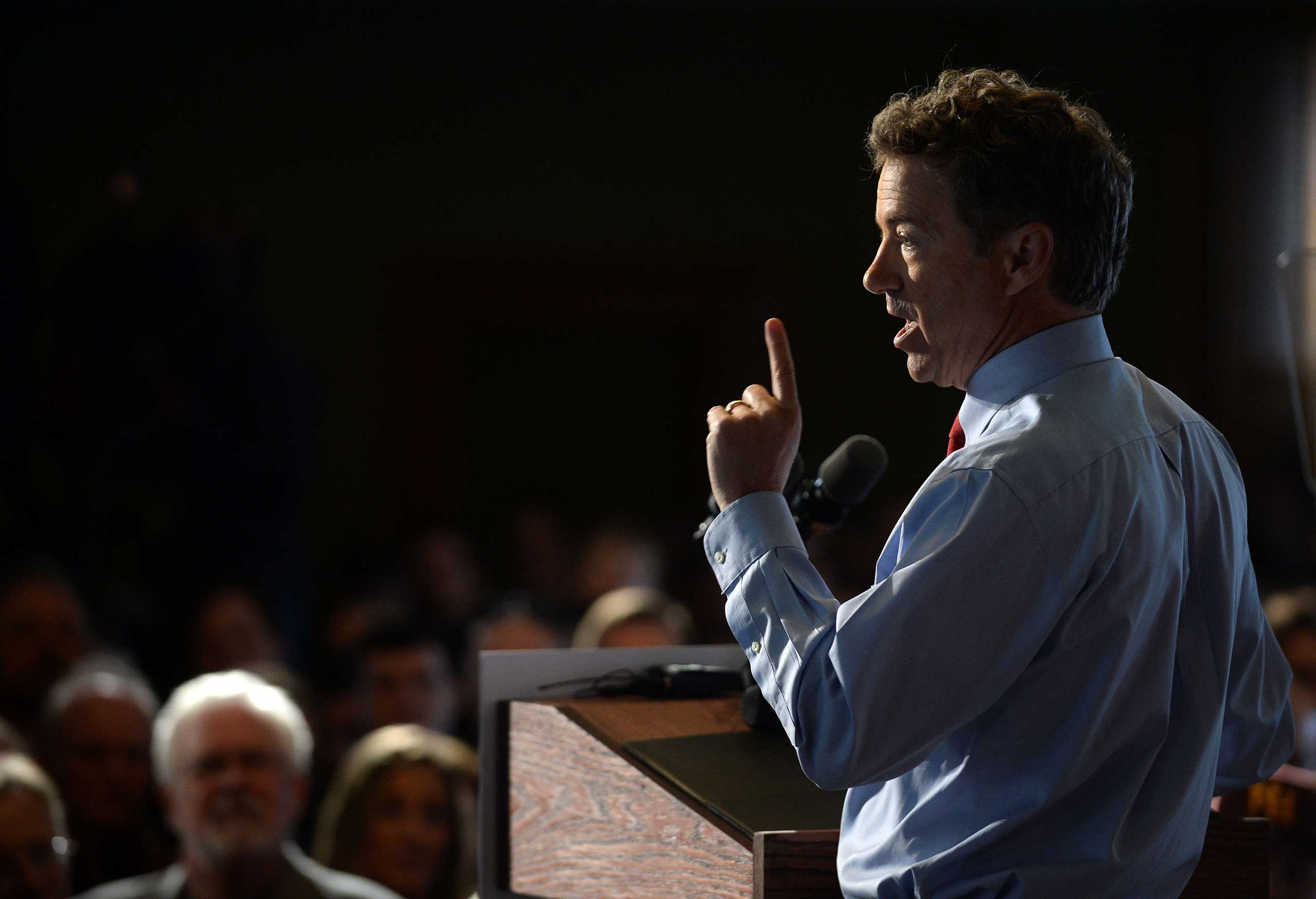 U.S. Sen. Rand Paul (R-KY) speaks during a rally at Town Hall in Milford, New Hampshire on April 8, 2015.