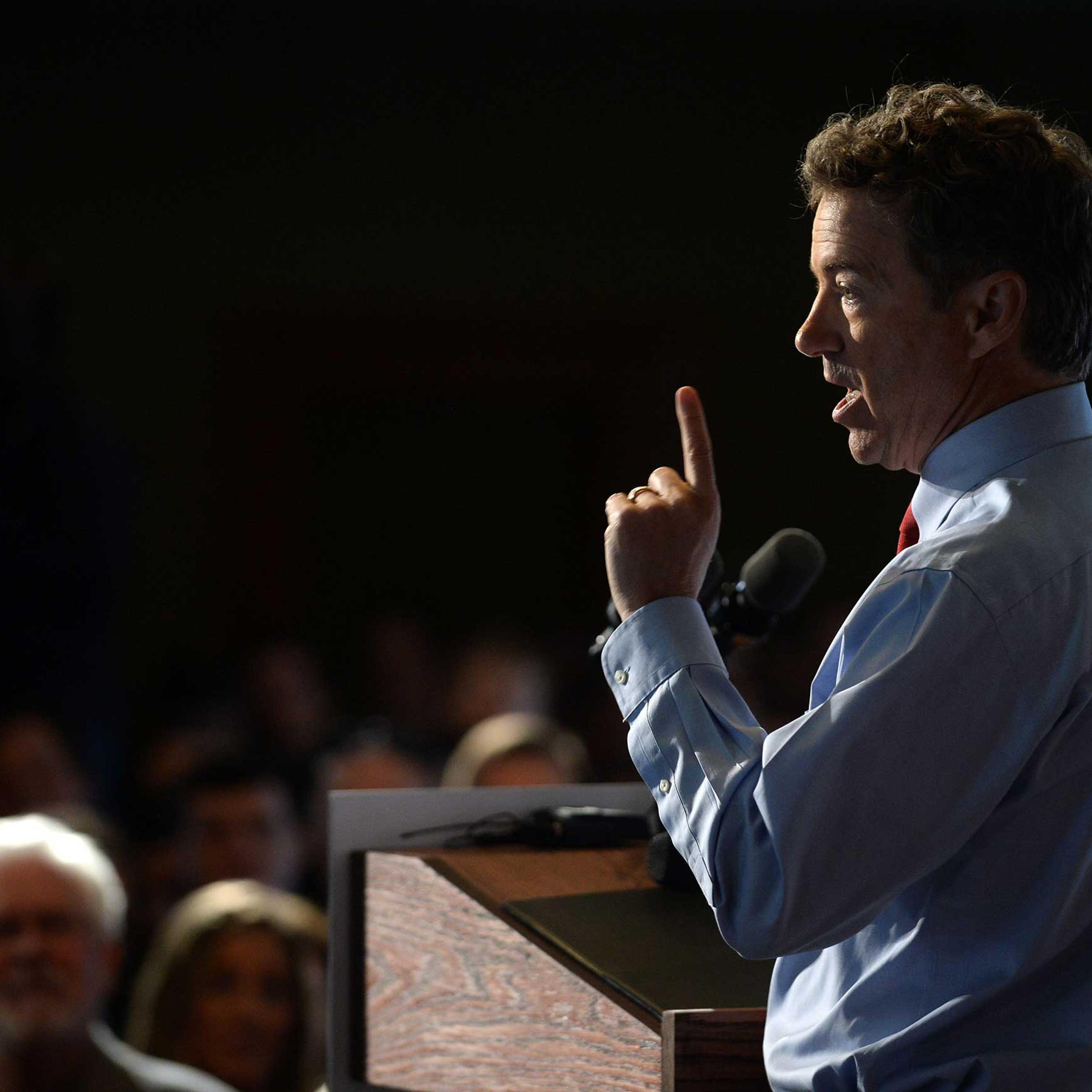 U.S. Sen. Rand Paul (R-KY) speaks during a rally at Town Hall in Milford, New Hampshire on April 8, 2015.