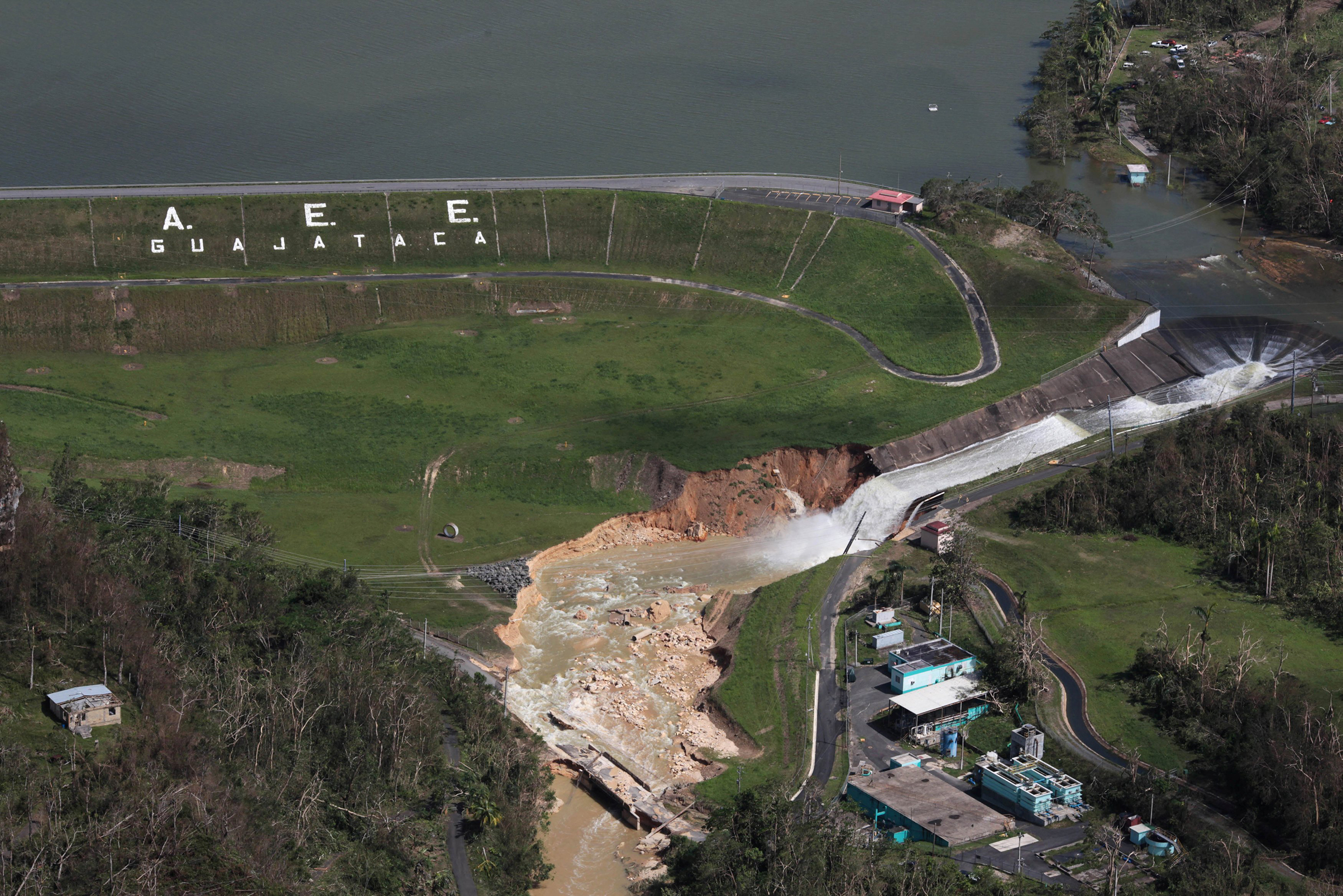 An aerial view shows damage to the Guajataca dam in the aftermath of Hurricane Maria, in Quebradillas, Puerto Rico Sept. 23, 2017.