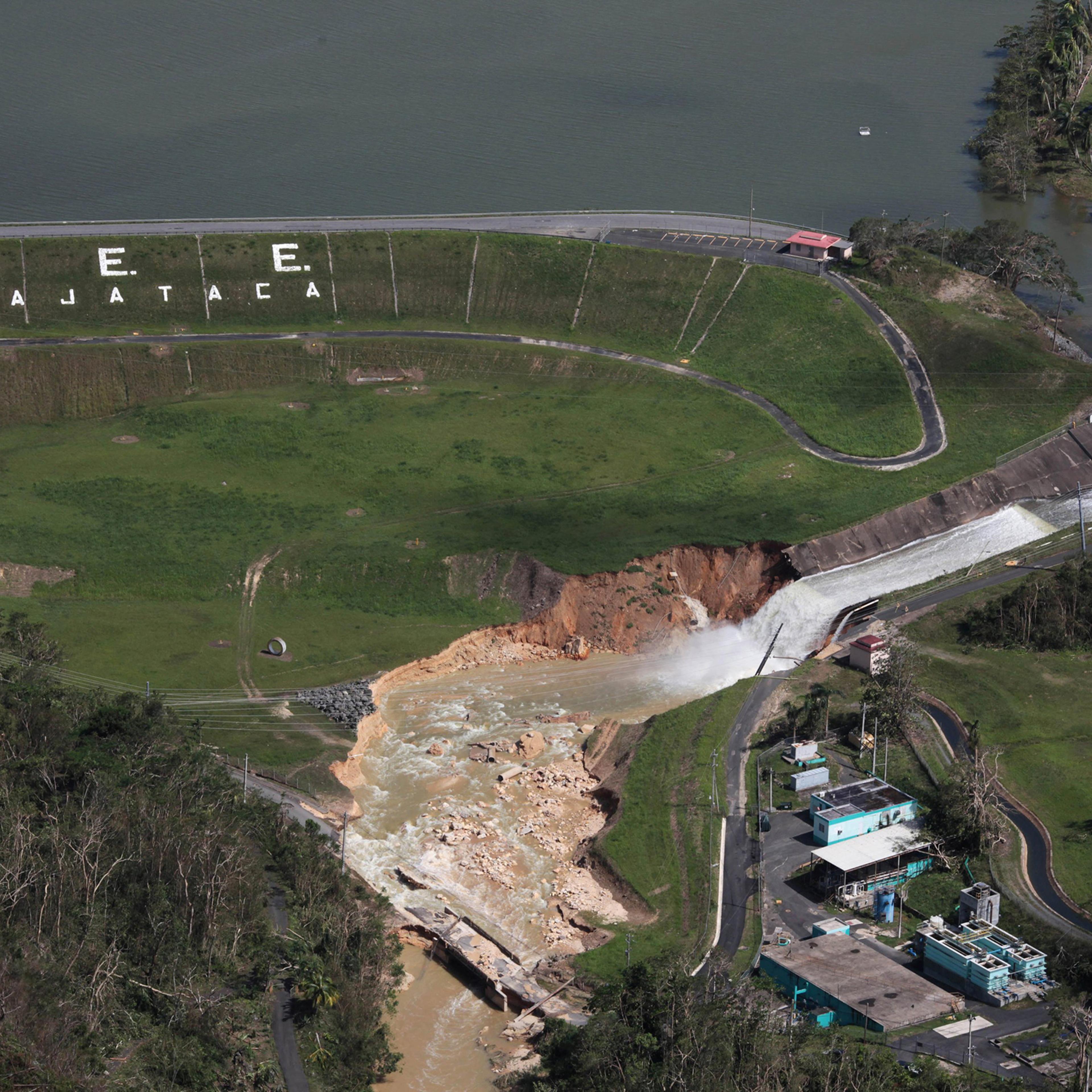 An aerial view shows damage to the Guajataca dam in the aftermath of Hurricane Maria, in Quebradillas, Puerto Rico Sept. 23, 2017.