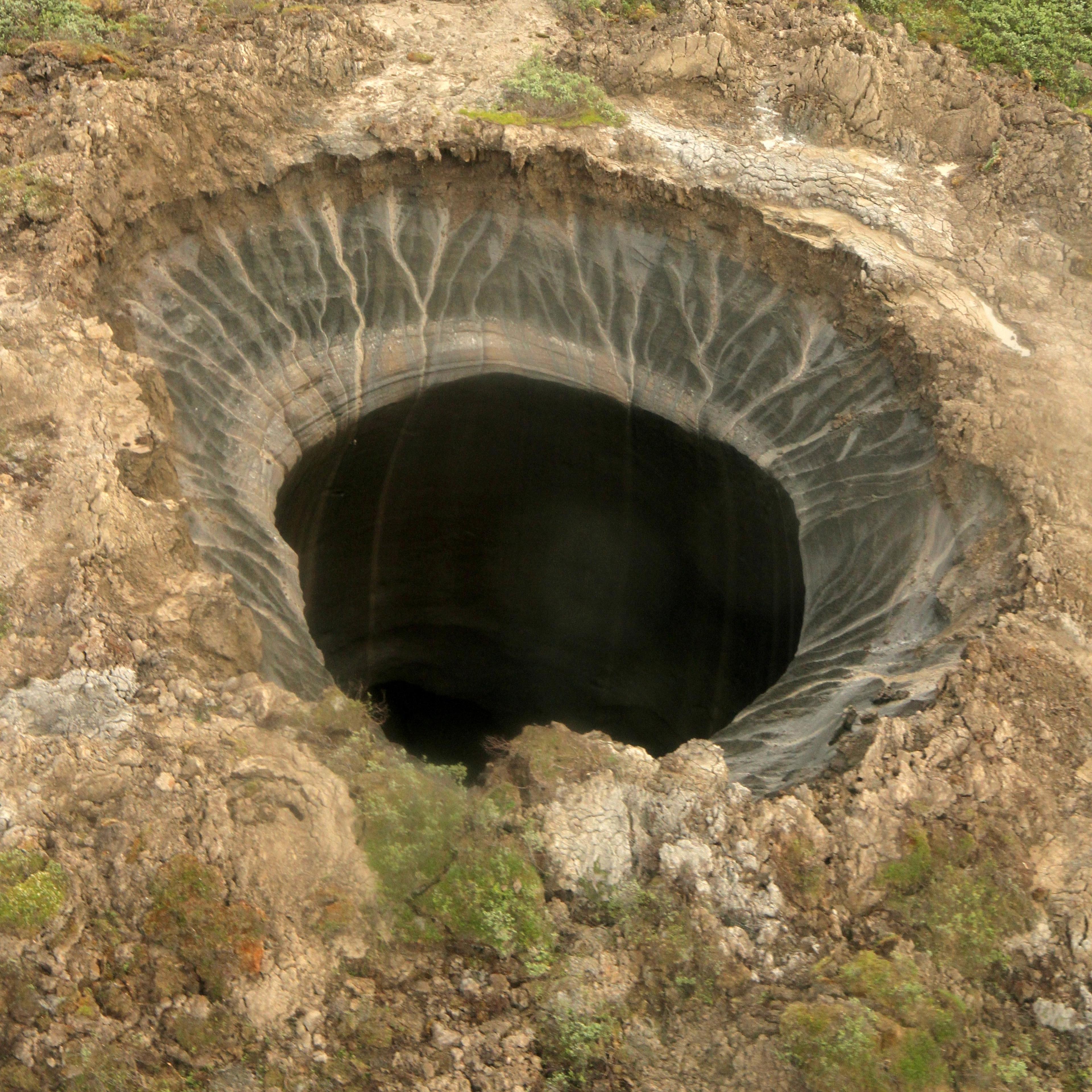 A view of a large crater on the Yamal Peninsula on July 16, 2014.