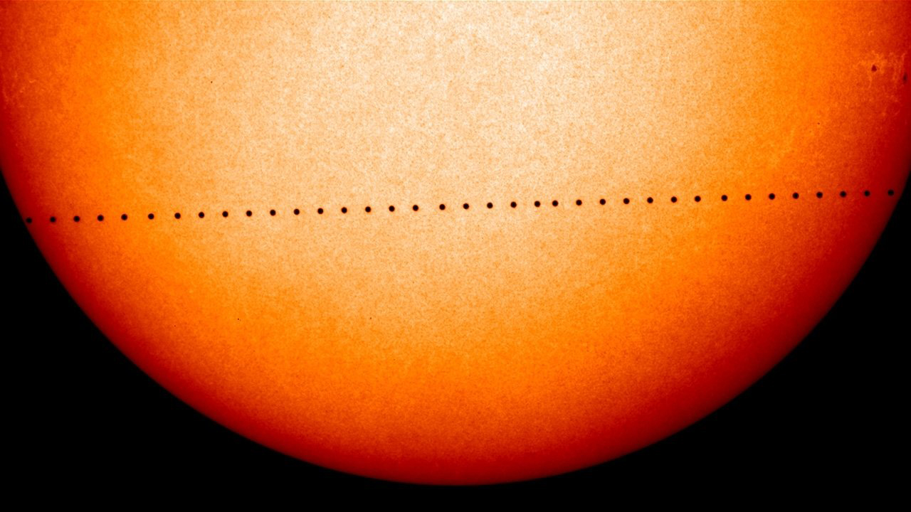 The 2016 Mercury planetary transit is seen in a NASA conceptual image, made of many images captured by the Solar and Heliospheric Observatory (SOHO) during the last Mercury transit in 2006. Mercury will pass between Earth and the sun in the rare astronom