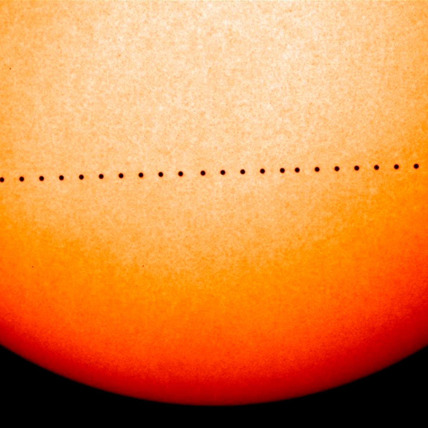 The 2016 Mercury planetary transit is seen in a NASA conceptual image, made of many images captured by the Solar and Heliospheric Observatory (SOHO) during the last Mercury transit in 2006. Mercury will pass between Earth and the sun in the rare astronom